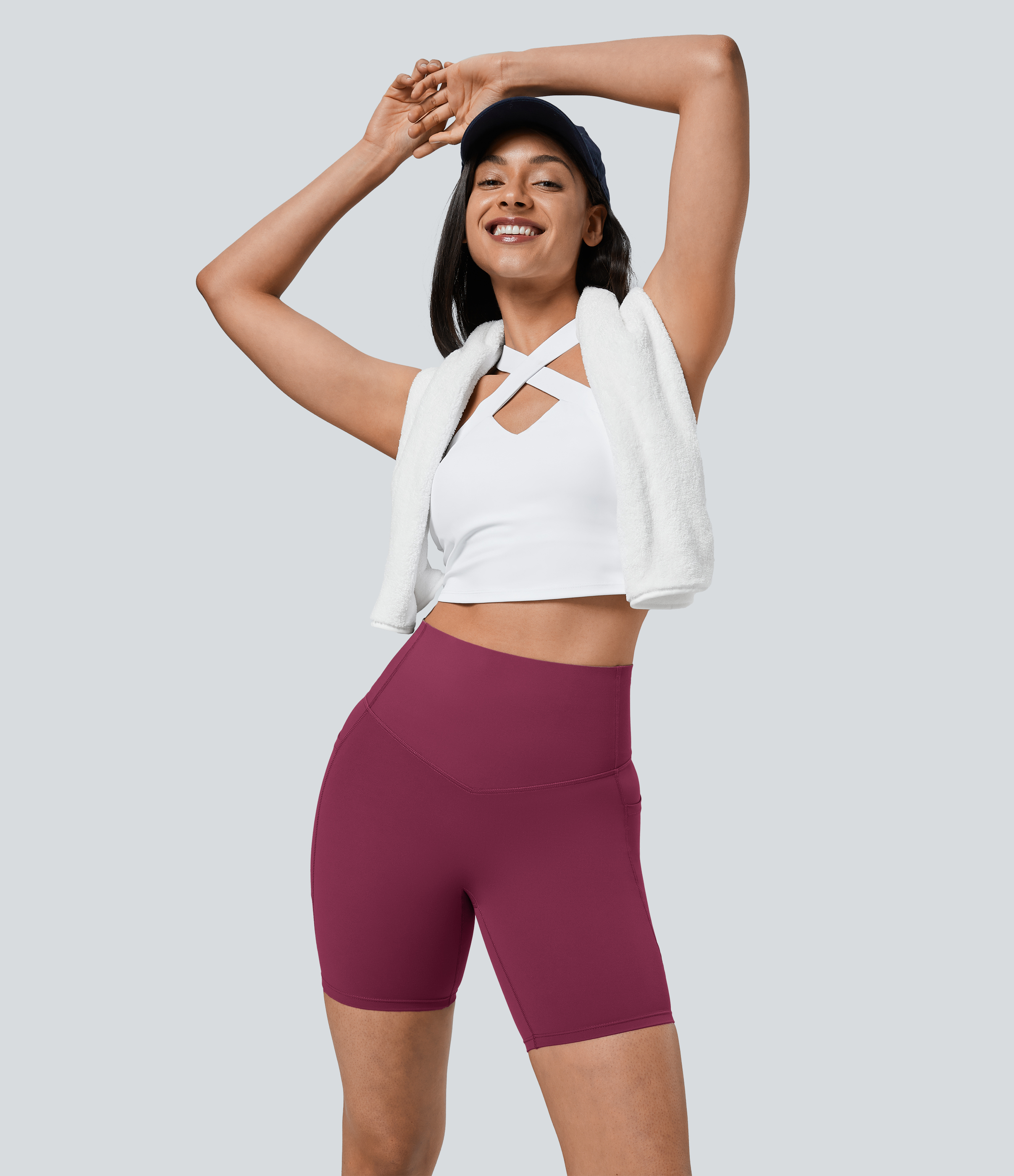 Halara SoCinched High Waisted Tummy Control Side Pocket Shaping Training Biker Shorts 7``  - Red Plum - L biker shorts women 
