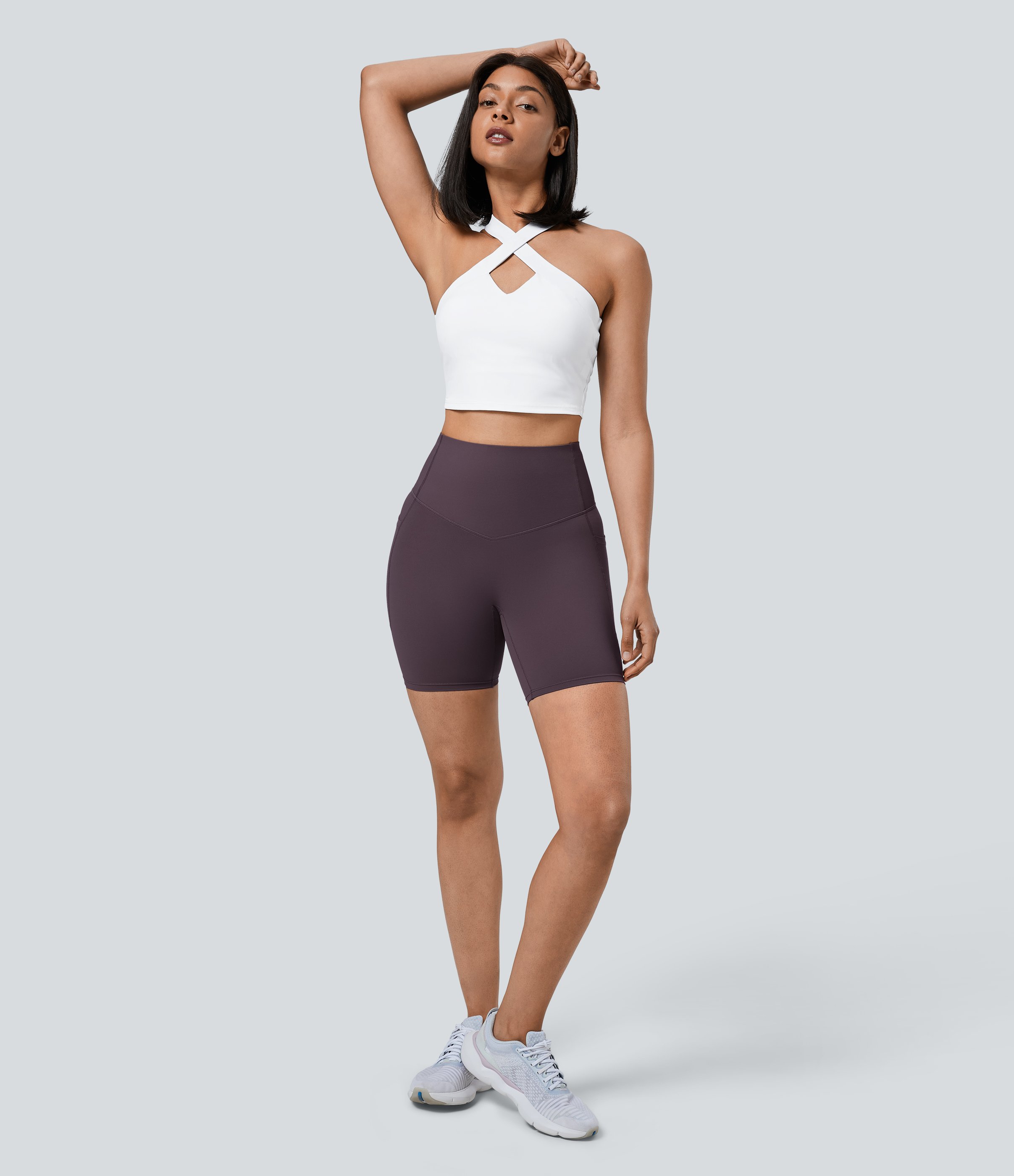 Halara SoCinched High Waisted Tummy Control Side Pocket Shaping Training Biker Shorts 7``  - Night`s Purple - M biker shorts women 