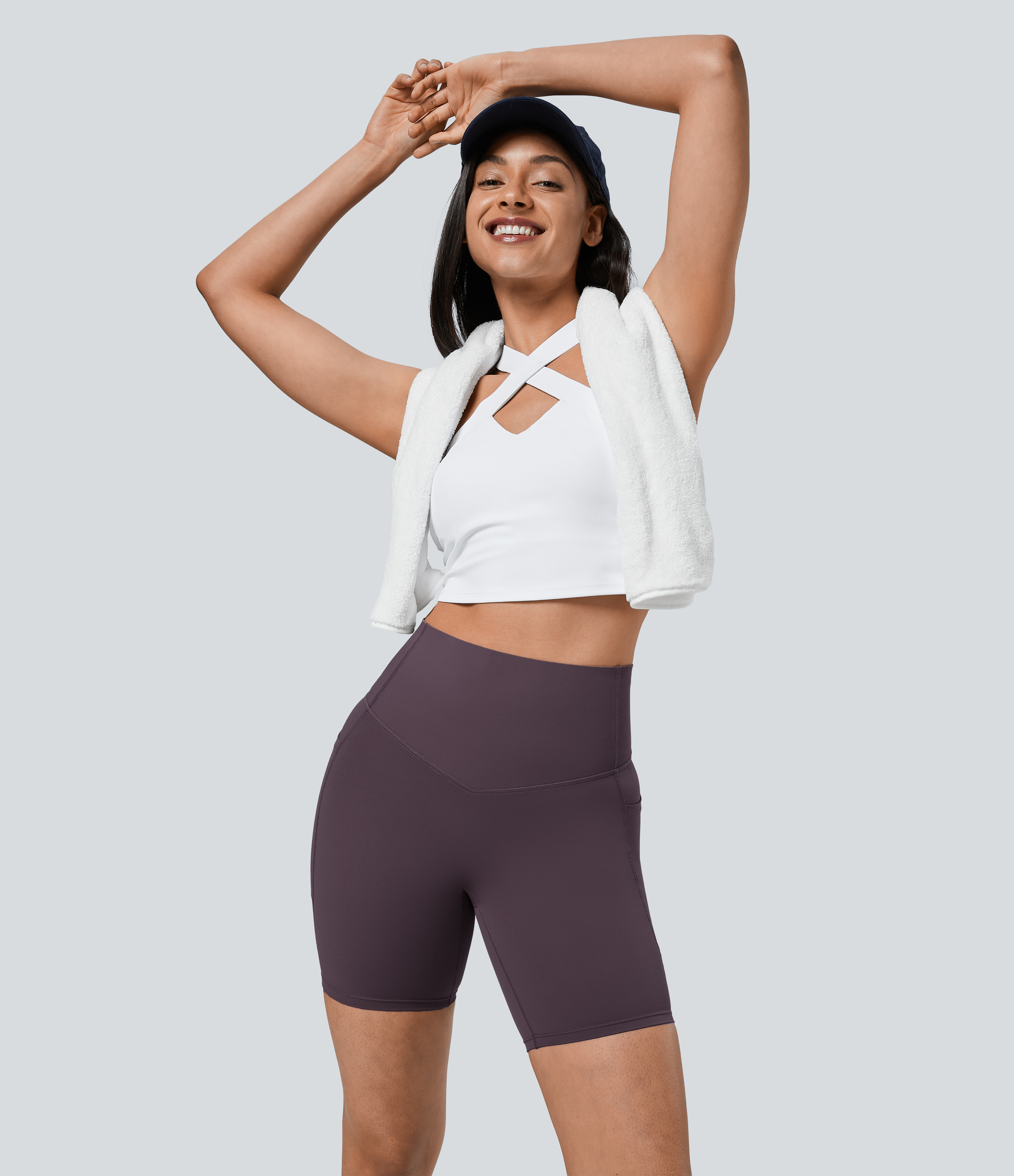 Halara SoCinched High Waisted Tummy Control Side Pocket Shaping Training Biker Shorts 7``  - Night`s Purple - M biker shorts women 