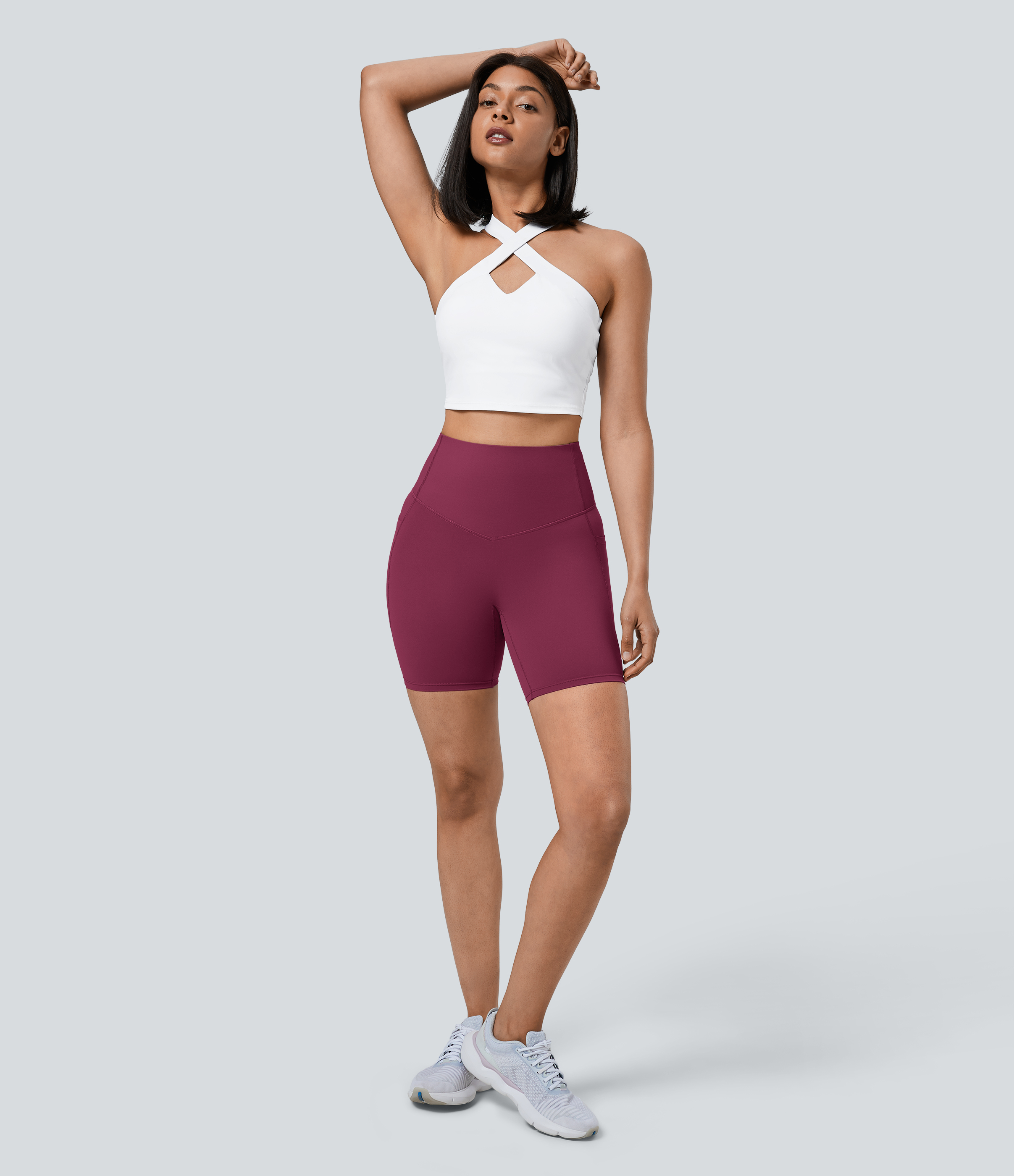 Halara SoCinched High Waisted Tummy Control Side Pocket Shaping Training Biker Shorts 7``  - Red Plum - L biker shorts women 