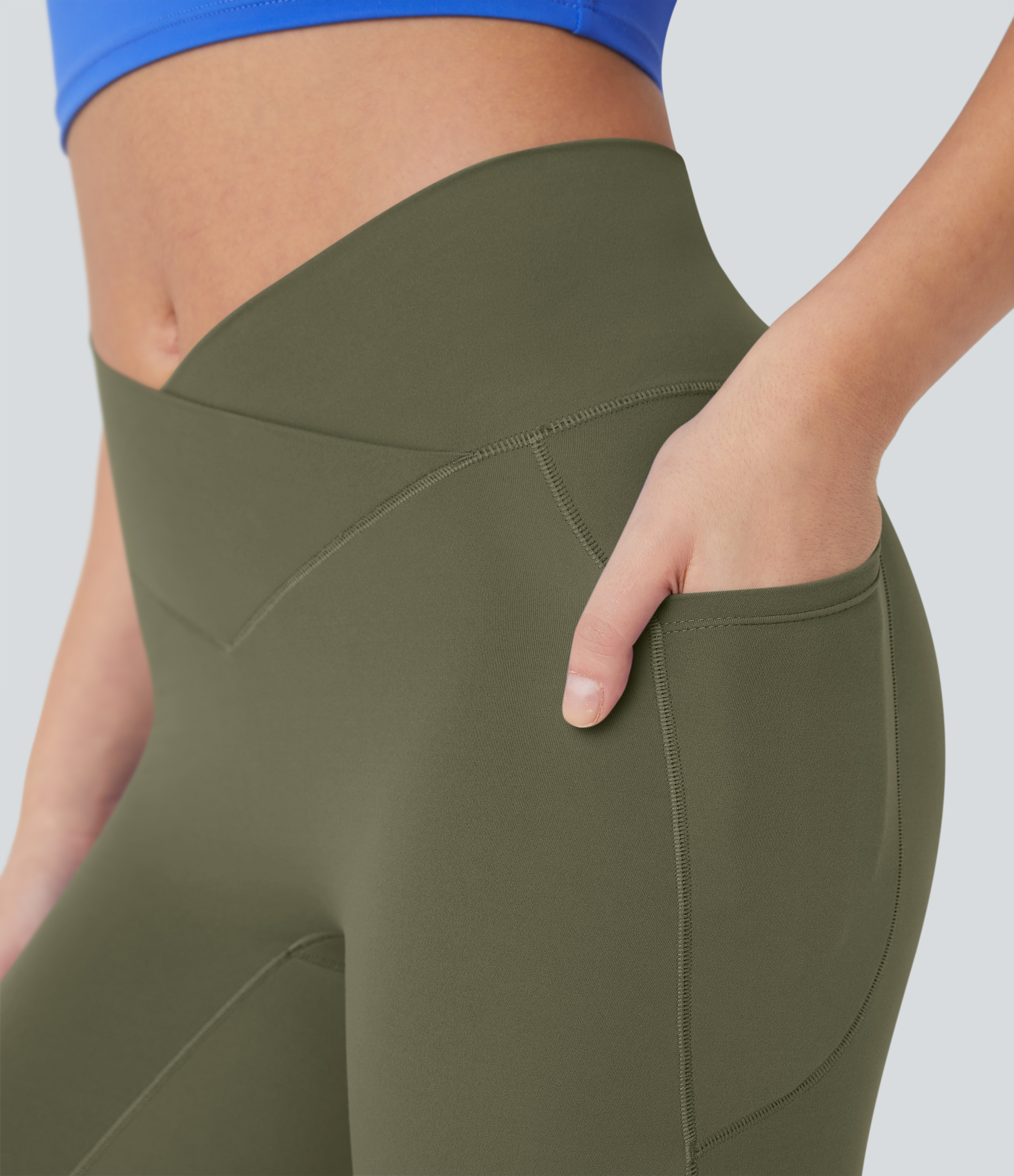 Halara Softlyzeroв„ў High Waisted Crossover Pocket Capri Yoga Leggings-UPF50+  - Grass Grey Green - XL gym leggings leggings with pockets 