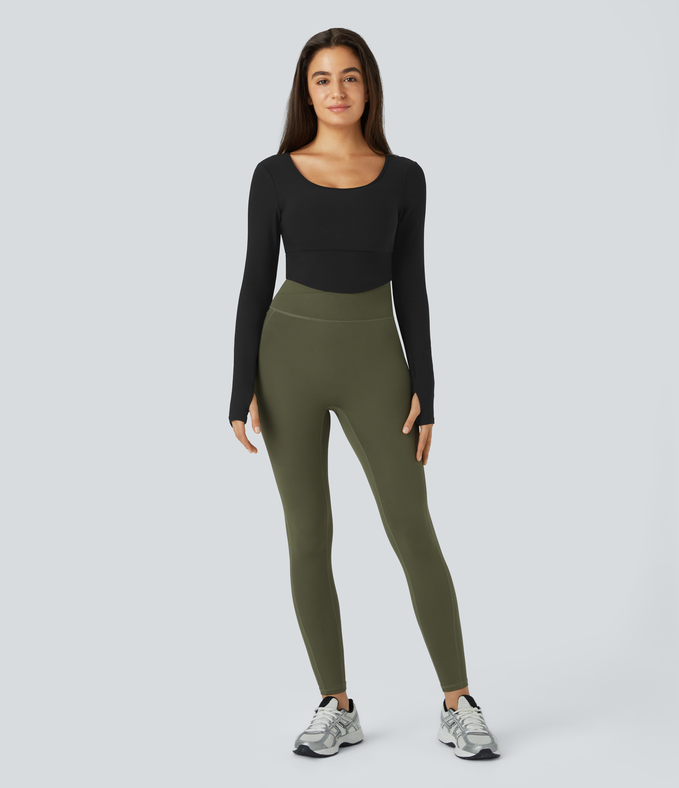 Halara Ribbed Knit Thumb Hole Asymmetric Hem Cropped Yoga Sports Top  - Black - XS 