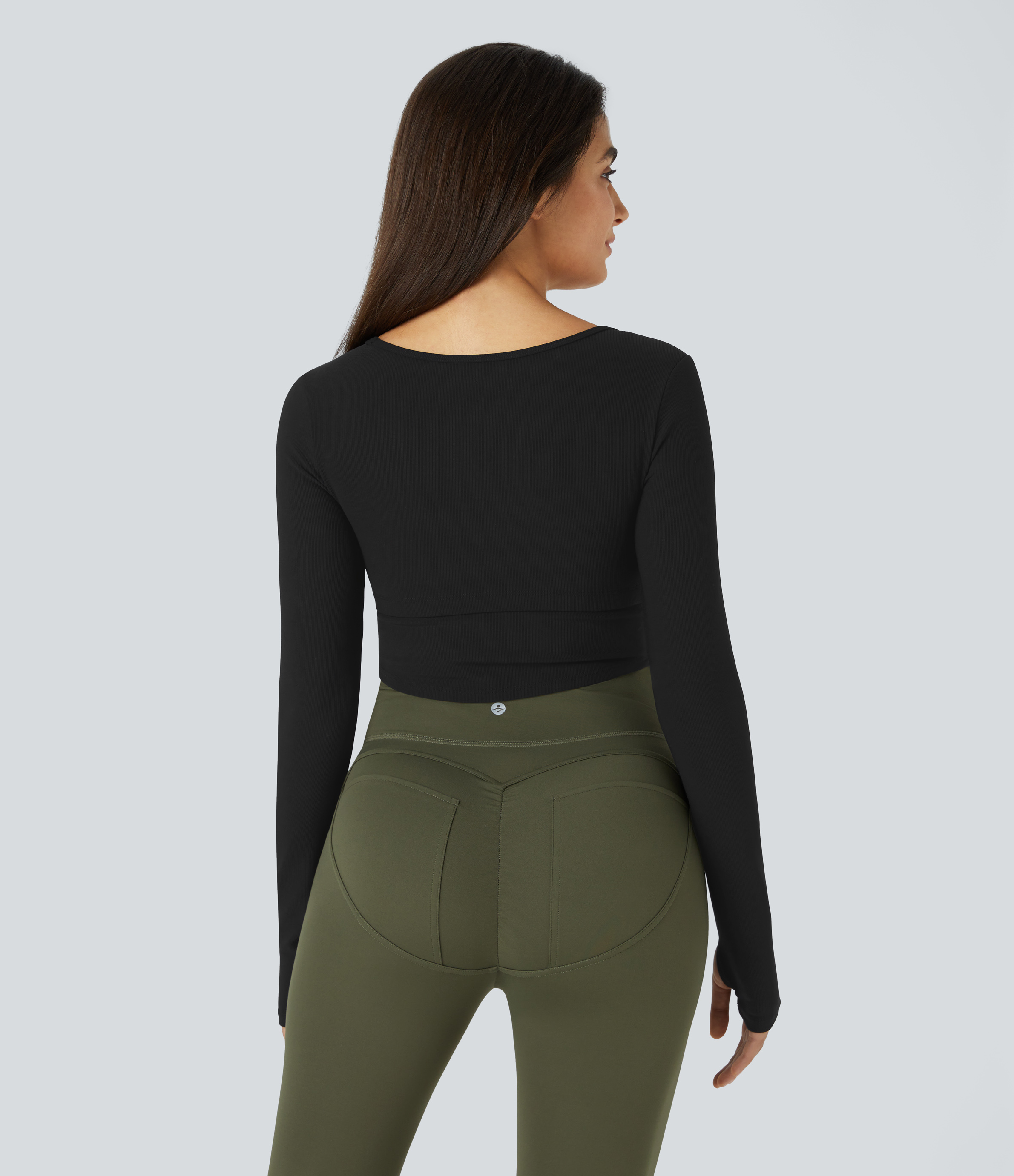 Halara Ribbed Knit Thumb Hole Asymmetric Hem Cropped Yoga Sports Top  - Black - XS 