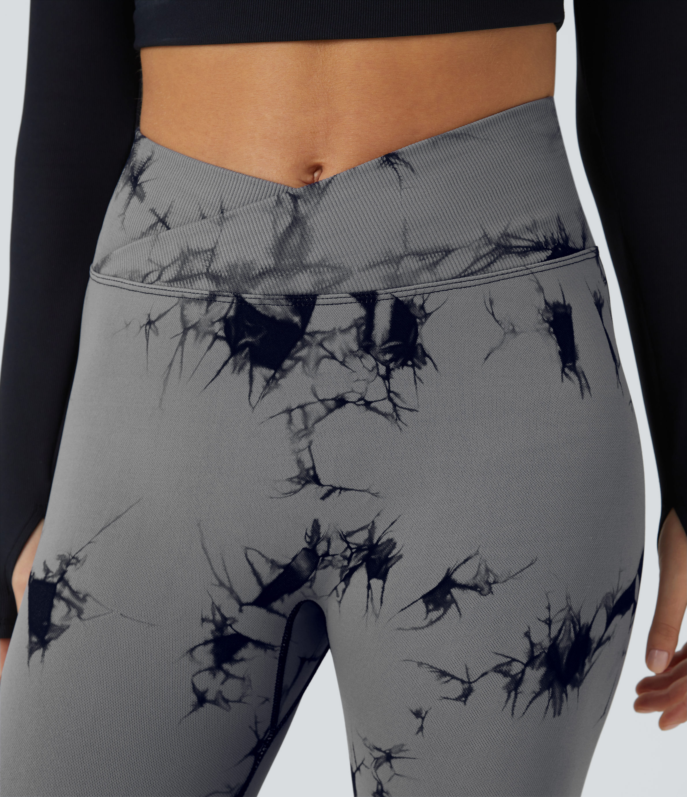 Halara Seamless Flow High Waisted Crossover Ruched Tie Dye Yoga Leggings  - Gray Black Tie Dye - XS gym leggings leggings with pockets 