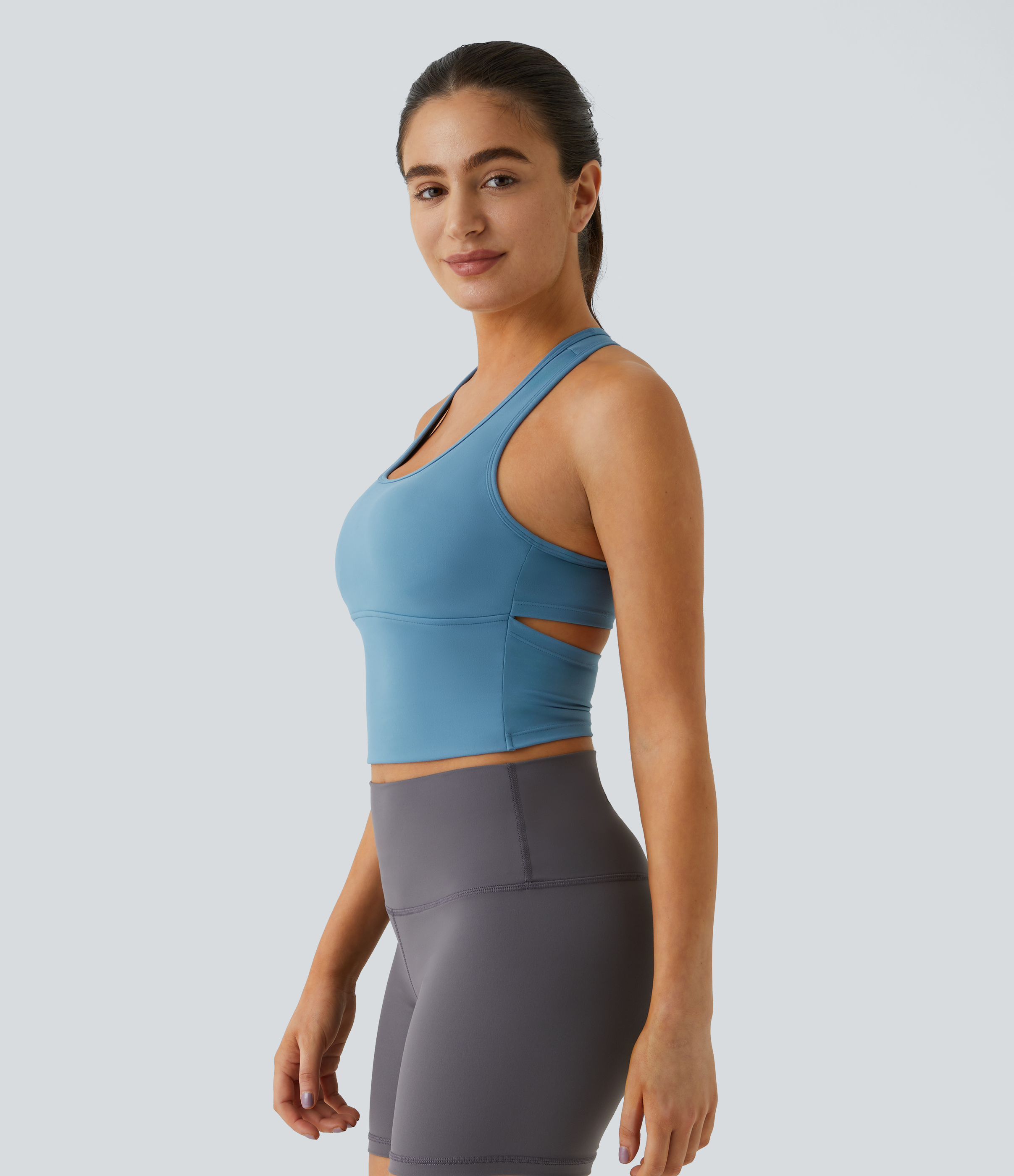 Halara In My Feels Cloudfulв„ў Fabric U Neck Backless Racerback Cut Out Cropped Yoga Tank Top Tank Top - Blue Heaven - L golf tops halter top 