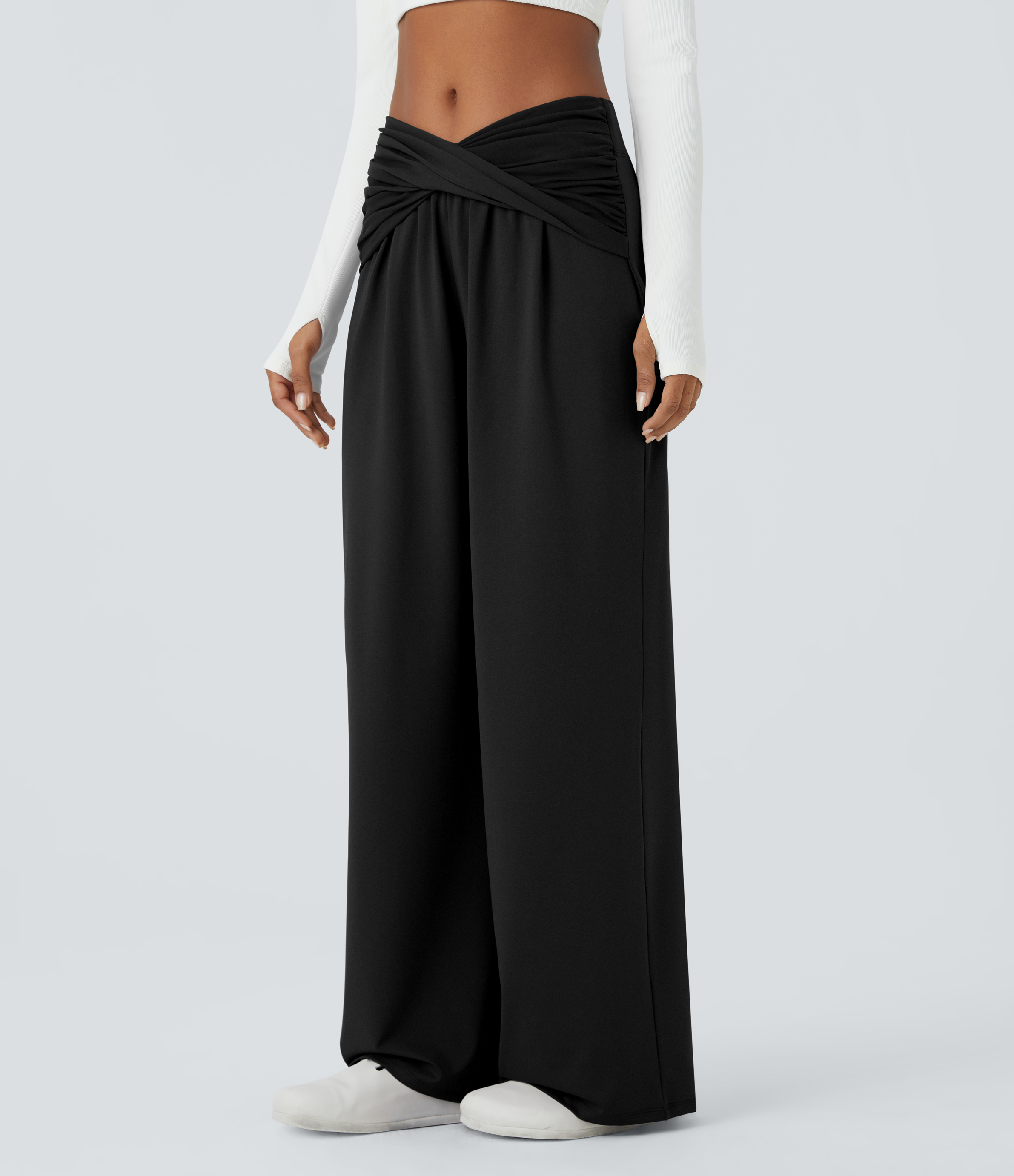 Halara Mid Rise Twisted Draped Wide Leg Casual Pants  - Black - S(regular) sweatpants jogger pants stacked sweatpants cargo joggers 