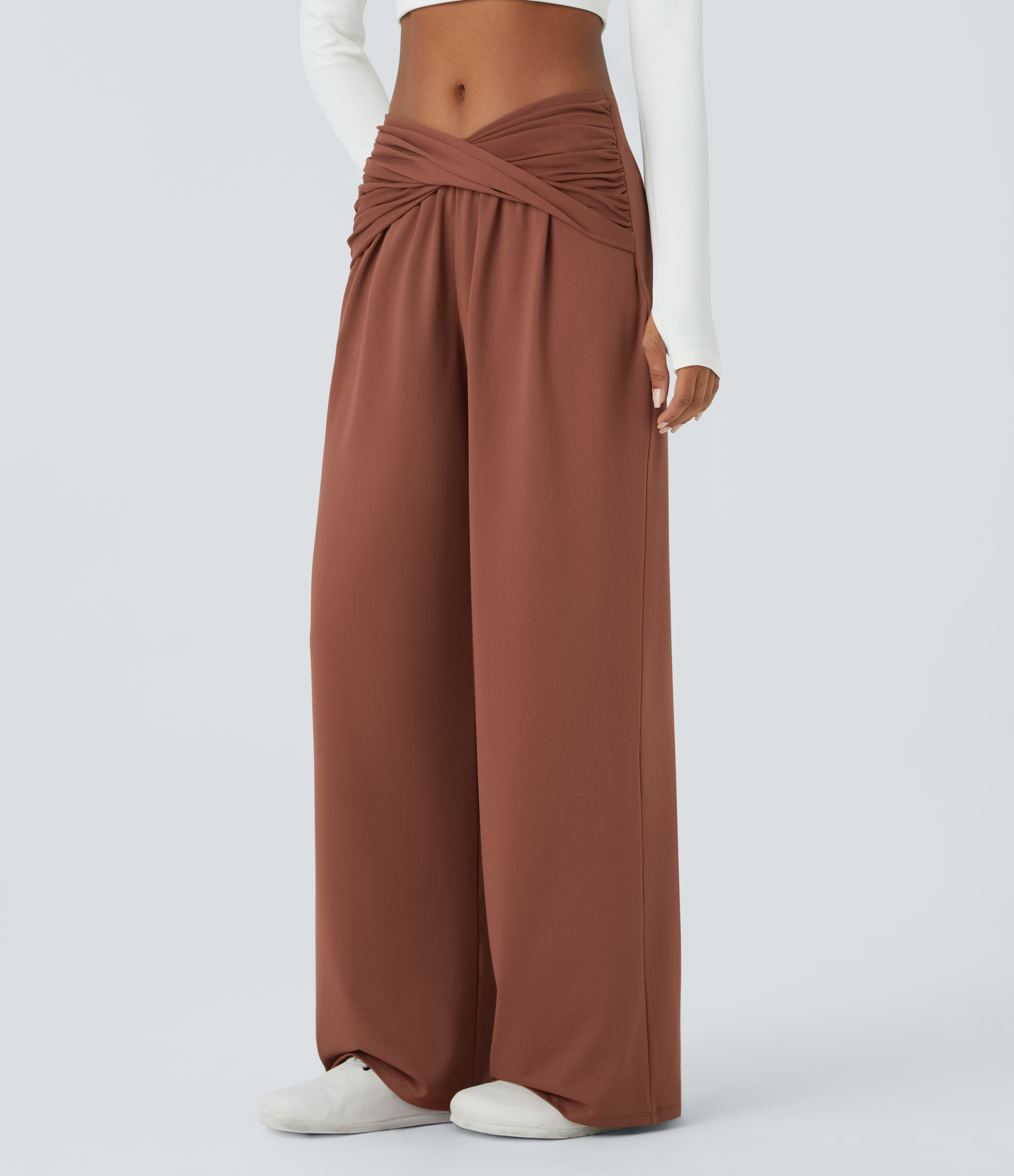 Halara Mid Rise Twisted Draped Wide Leg Casual Pants  - Maple Syrup - S(regular) sweatpants jogger pants stacked sweatpants cargo joggers 