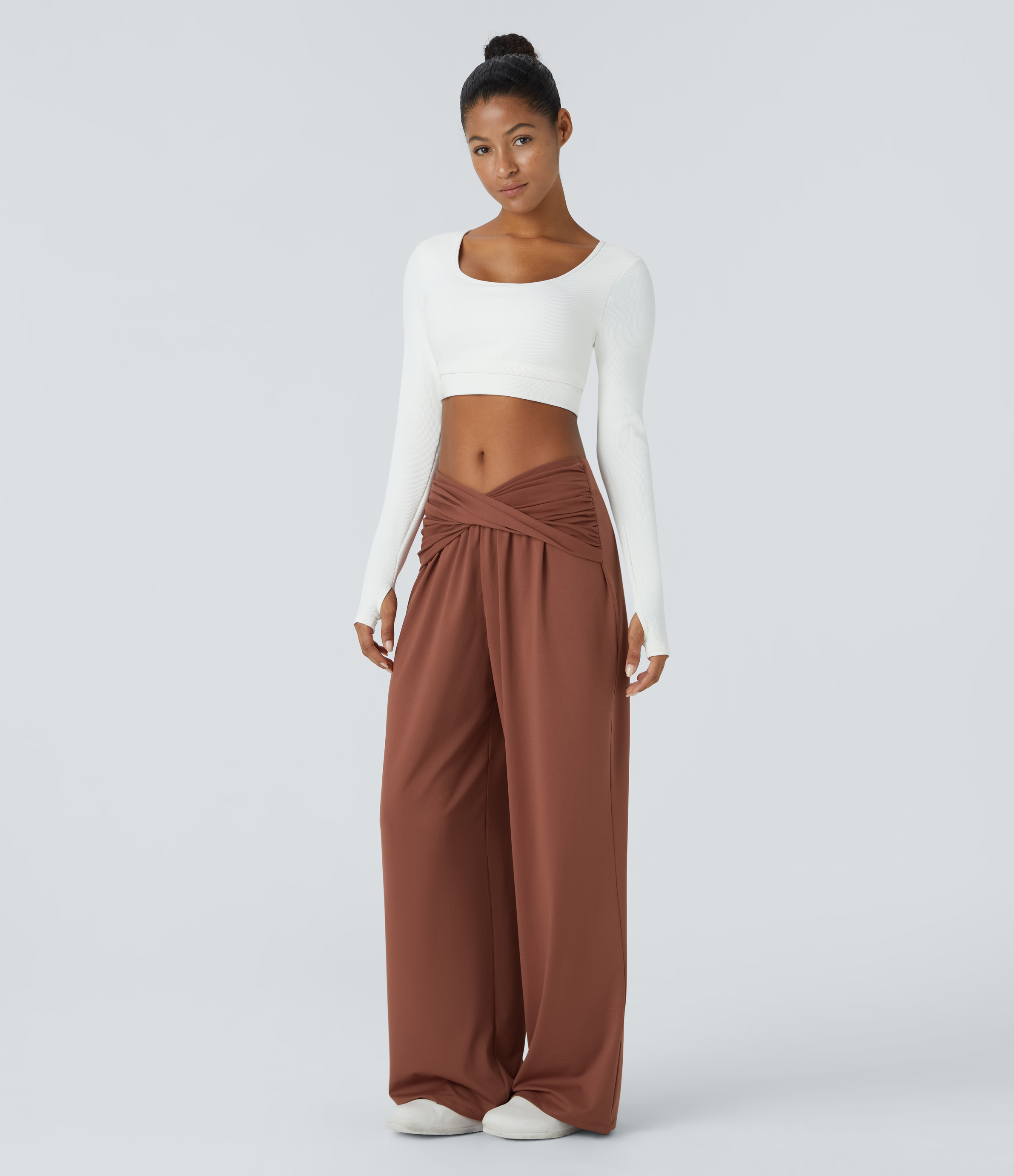 Halara Mid Rise Twisted Draped Wide Leg Casual Pants  - Maple Syrup - S(regular) sweatpants jogger pants stacked sweatpants cargo joggers 
