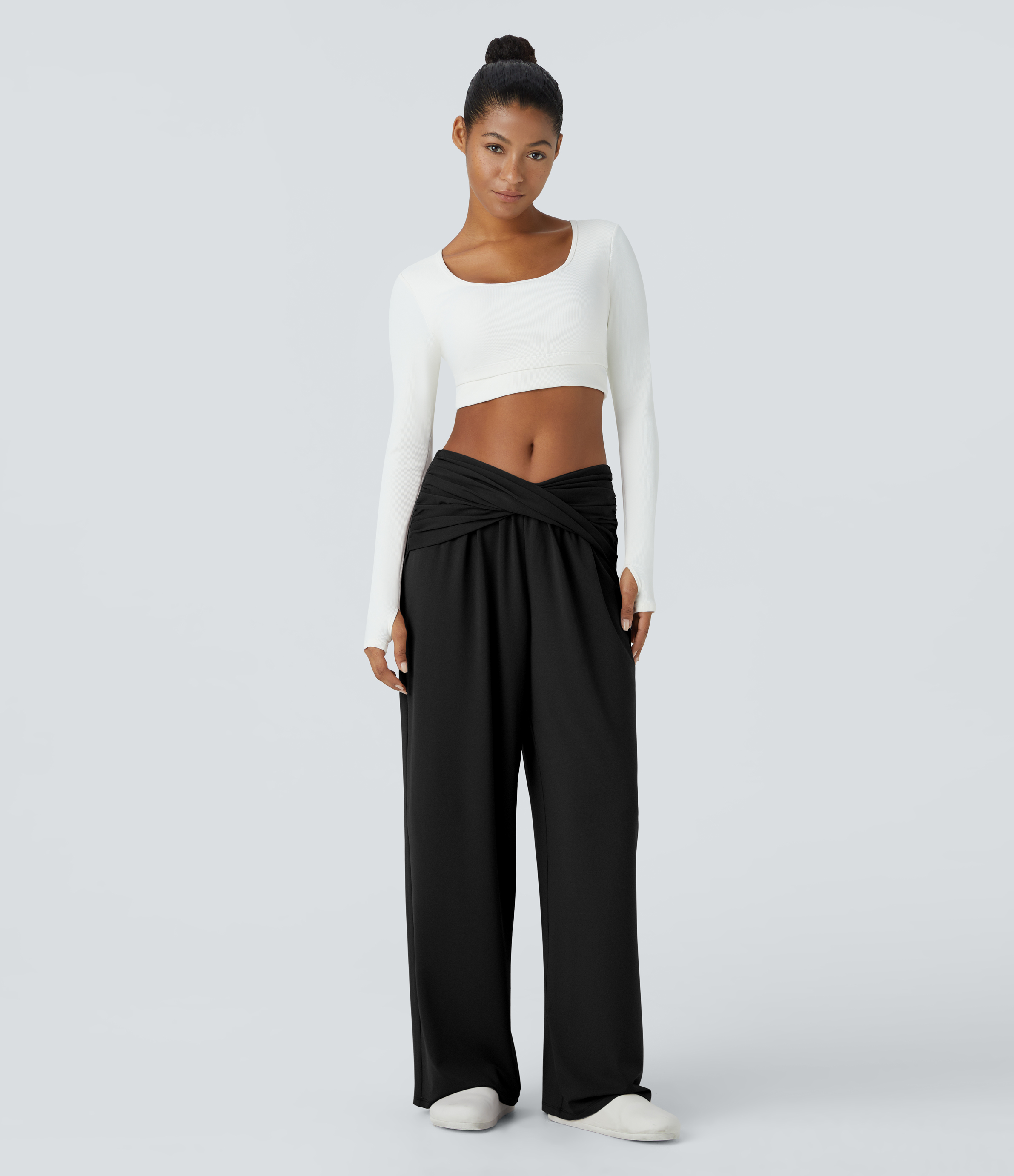 Halara Mid Rise Twisted Draped Wide Leg Casual Pants  - Black - S(regular) sweatpants jogger pants stacked sweatpants cargo joggers 
