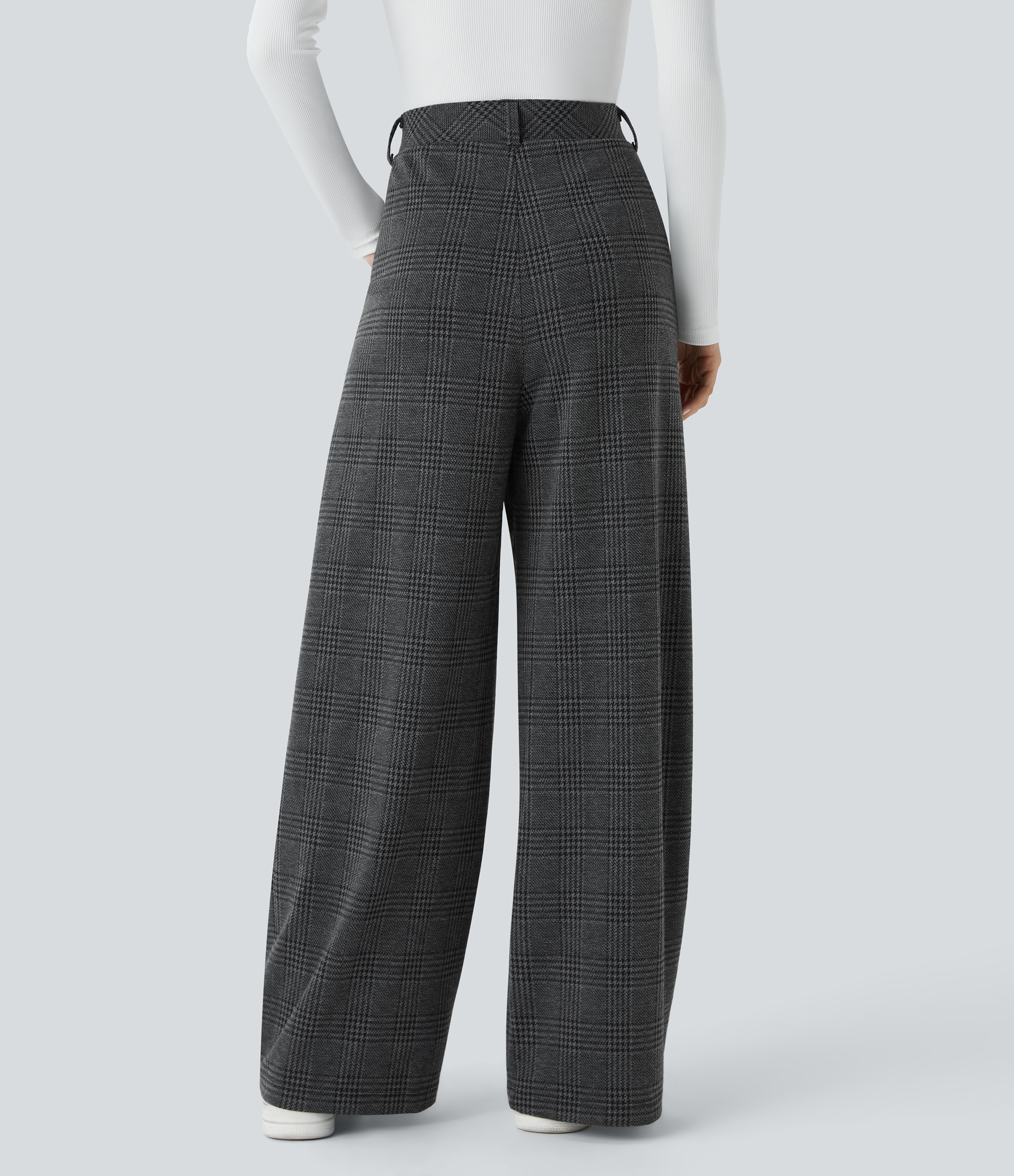 Charcoal Black Houndstooth Plaid High Waisted Pocket Wide Leg Houndstooth Plaid Casual Trousers / 2