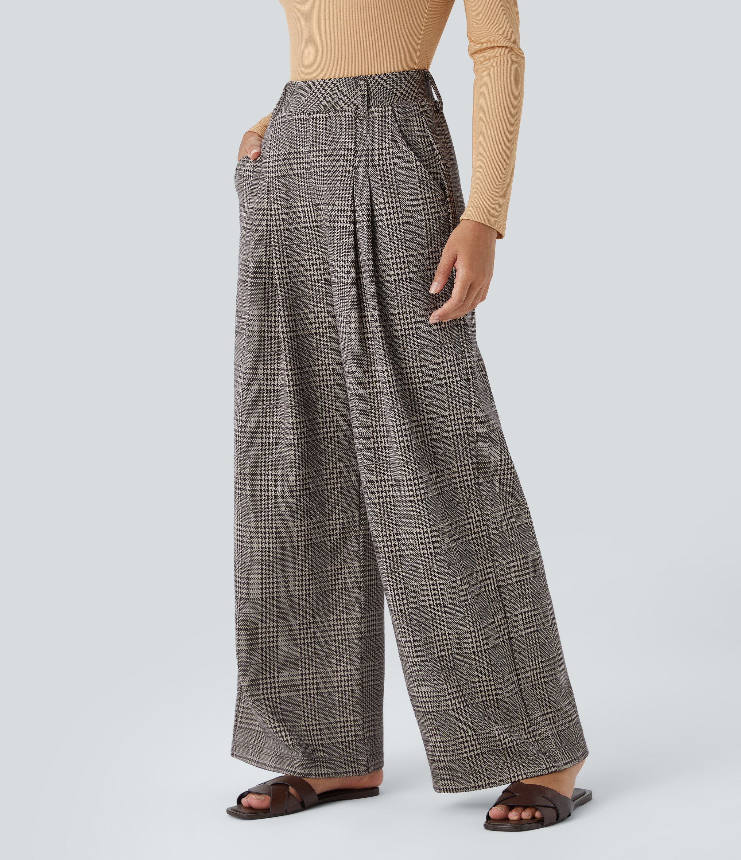 Halara High Waisted Side Pocket Wide Leg Houndstooth Plaid Casual Pants  - Brown Houndstooth Plaid - M(tall) sweatpants jogger pants 