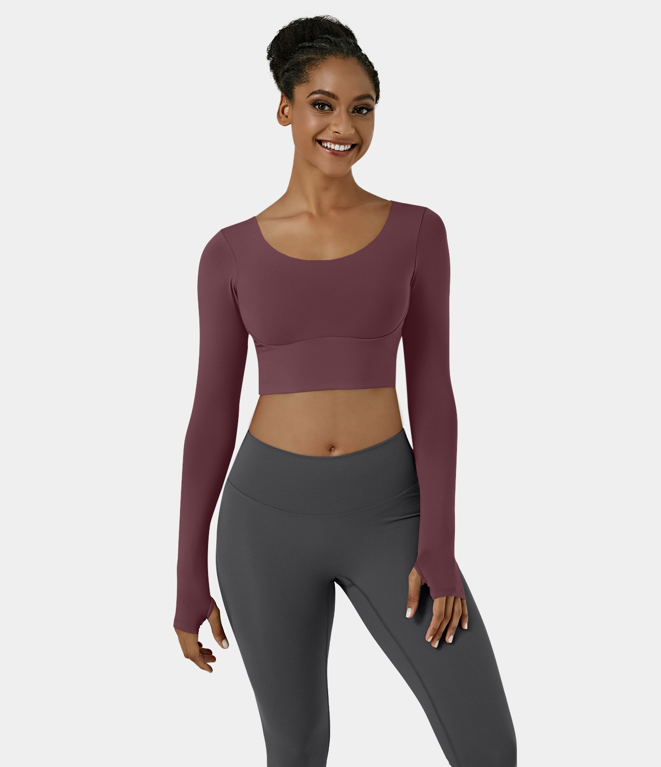 Halara Softlyzeroв„ў Plush Thumb Hole Backless Crisscross Cut Out Cropped Sports Top  - Red Mahogany - S 