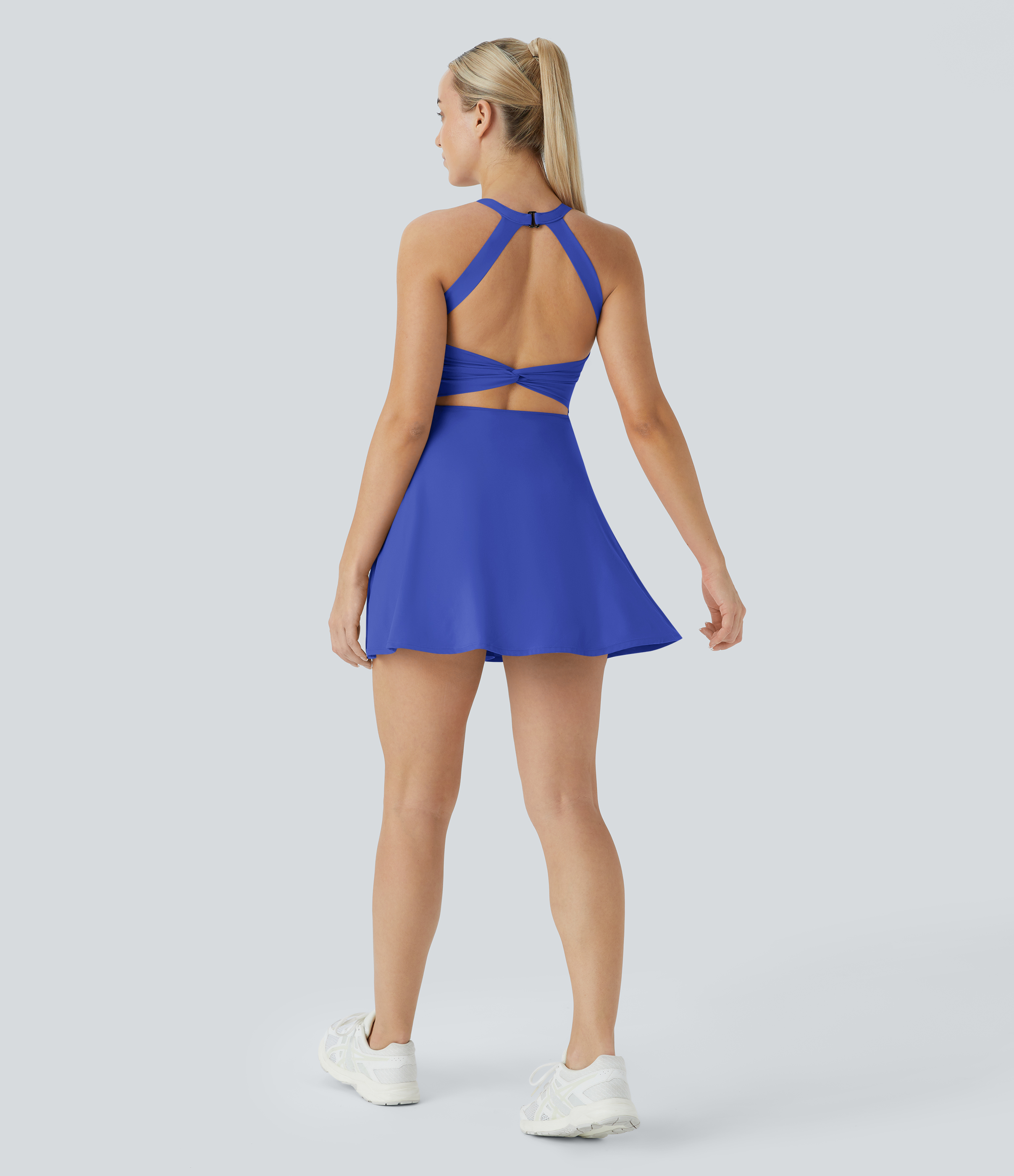 Halara Backless Cut Out Twisted Side Pocket 2-in-1 Exercise Dress-Easy Peezy Workout Dress - Aster Blue - XL 
