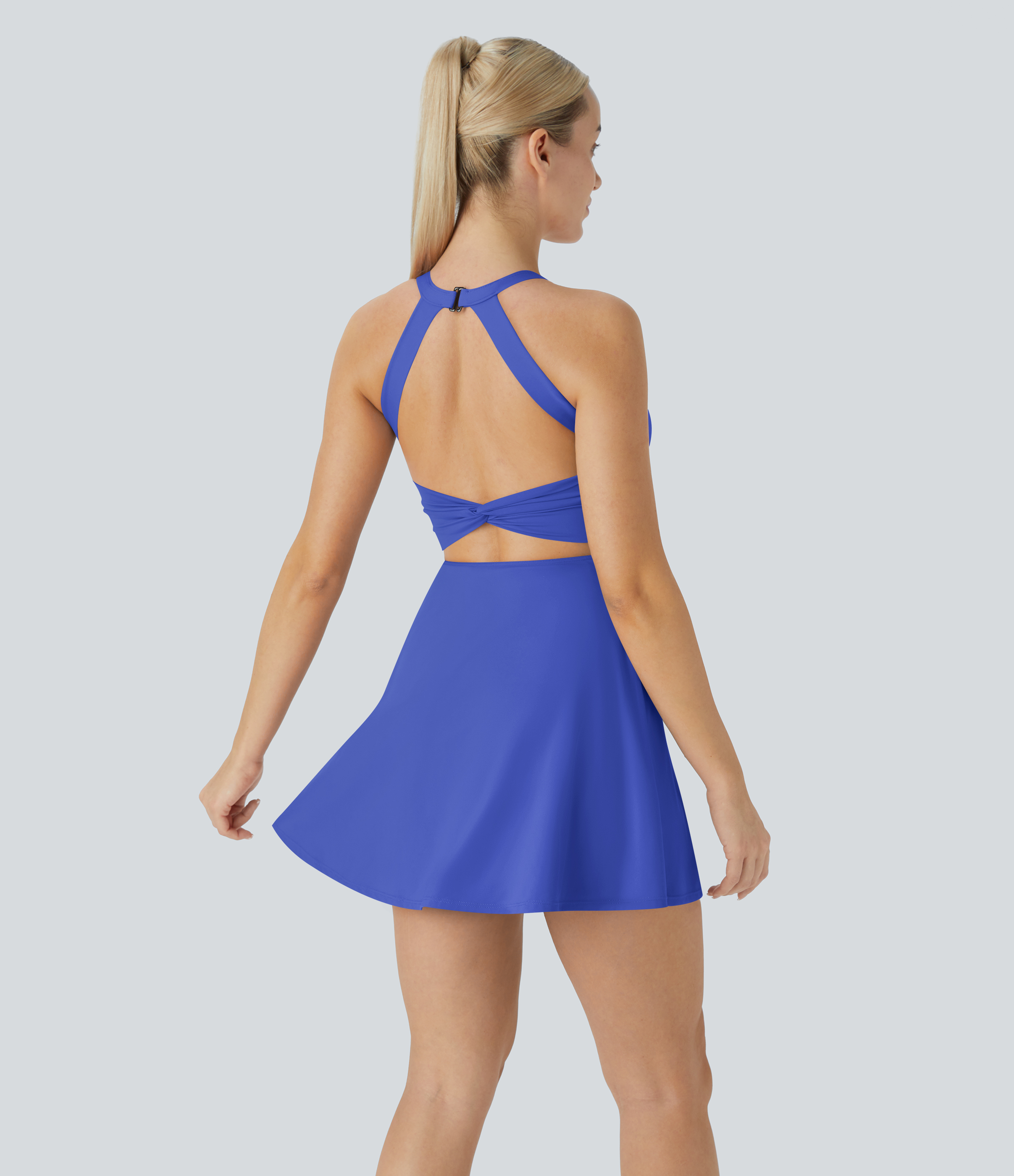 Halara Backless Cut Out Twisted Side Pocket 2-in-1 Exercise Dress-Easy Peezy Workout Dress - Aster Blue - XL 