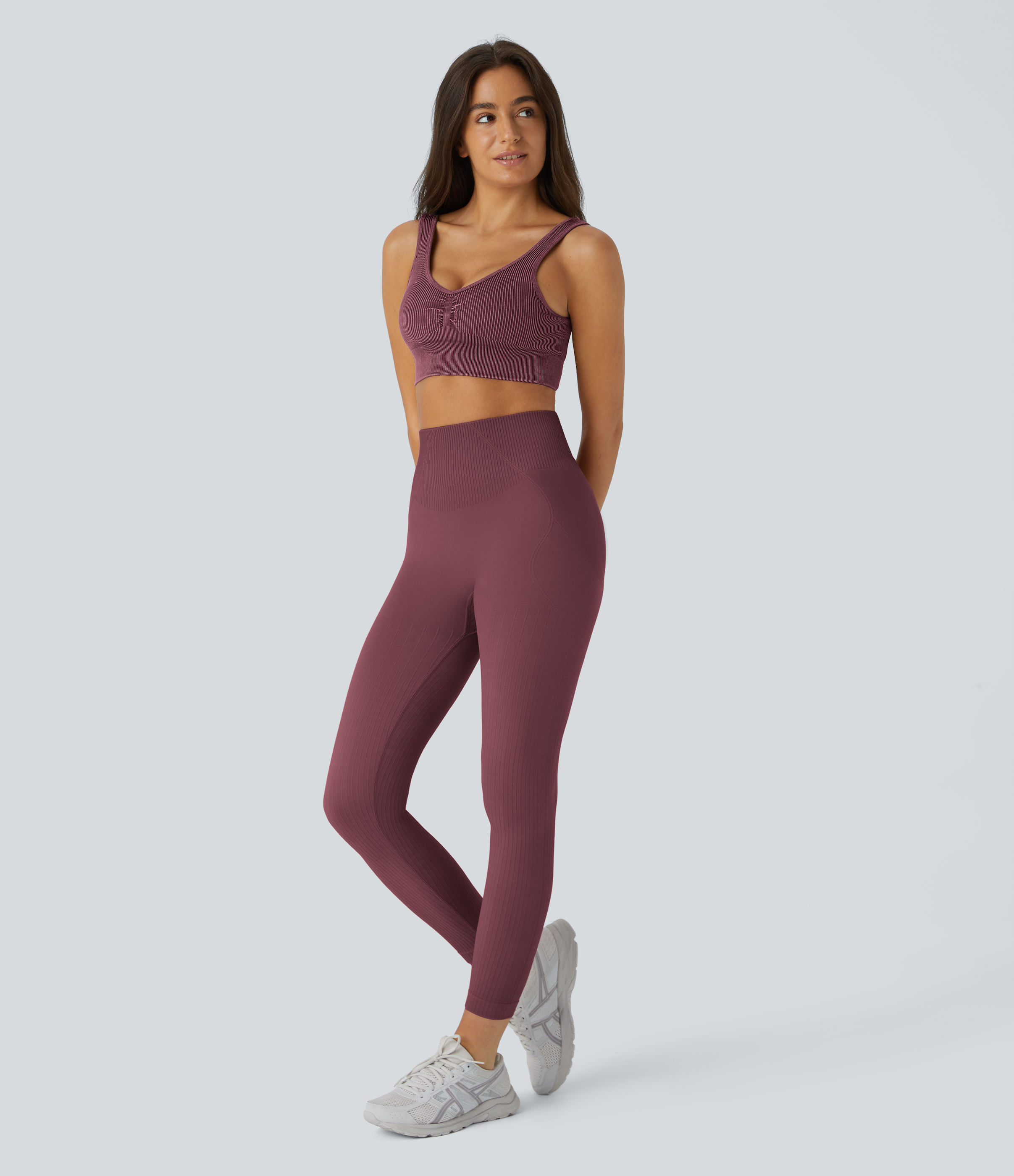 Halara Skin Friendly Soft Seamless Flow Ribbed High Waisted Tummy Control Butt Lifting Training 7/8 Leggings  - Oxblood Red - M(7/8) 