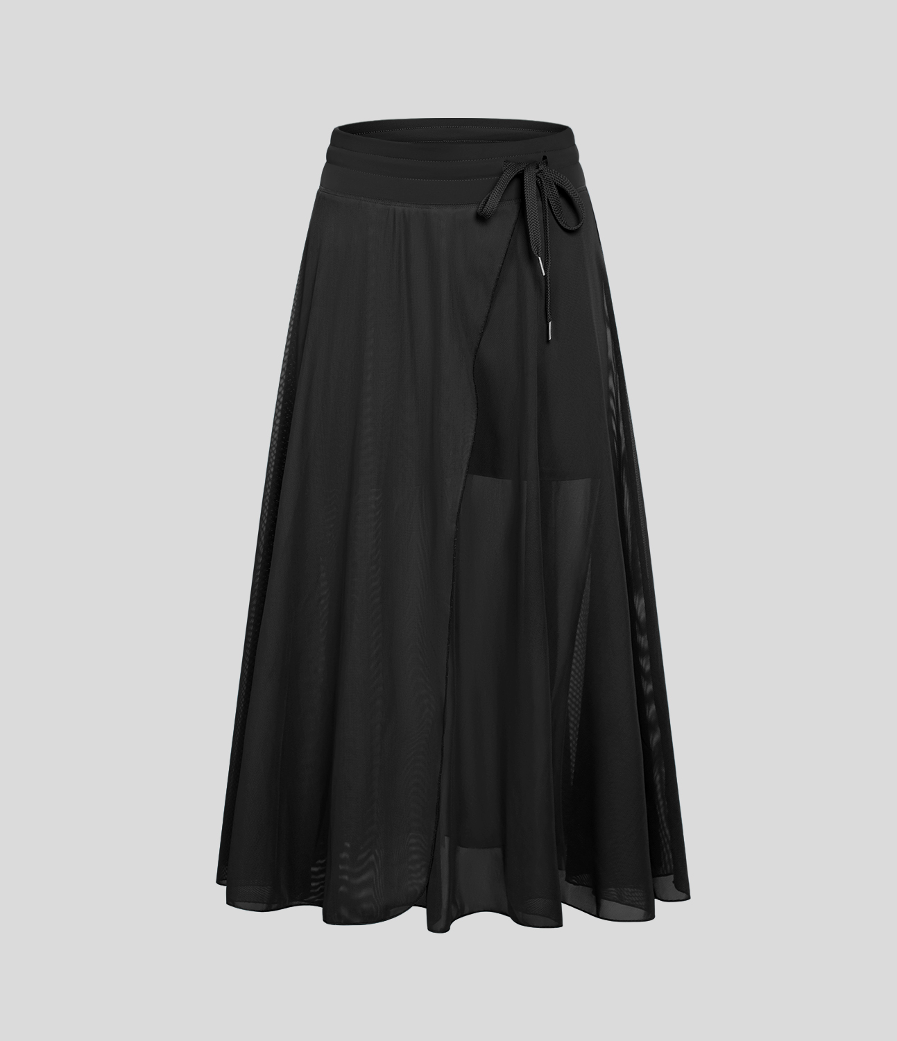 Halara High Waisted Drawstring Contrast Mesh 2-in-1 Side Pocket Flowy Midi Flare Casual Skirt  - Black - M midi skirt a line skirt 