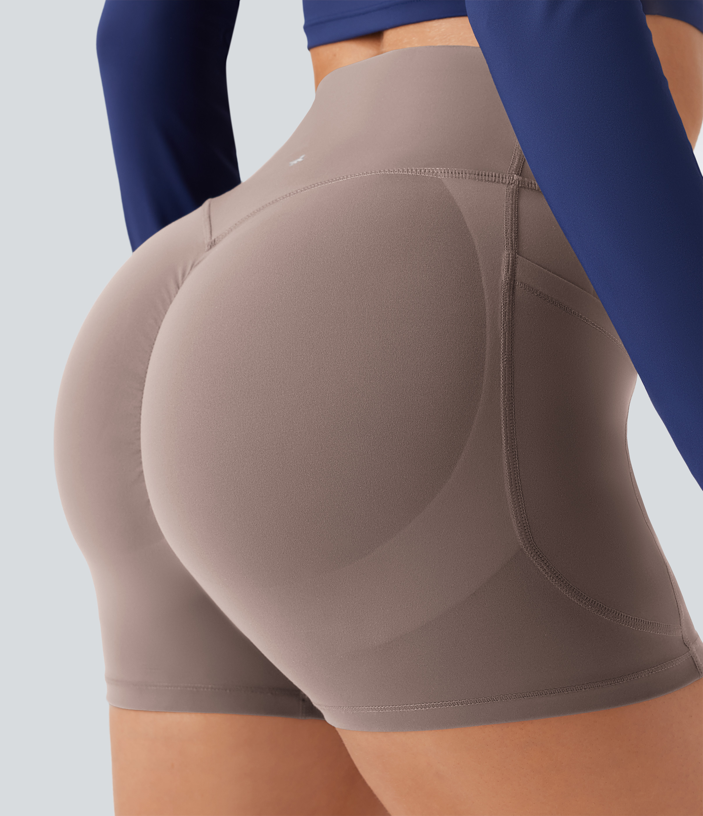 Halara SoCinched High Waisted Scrunch Butt Lifting Tummy Control Side Pocket Shaping Workout UltraSculpt Biker Shorts 3``  - Dawn Brown - XS 