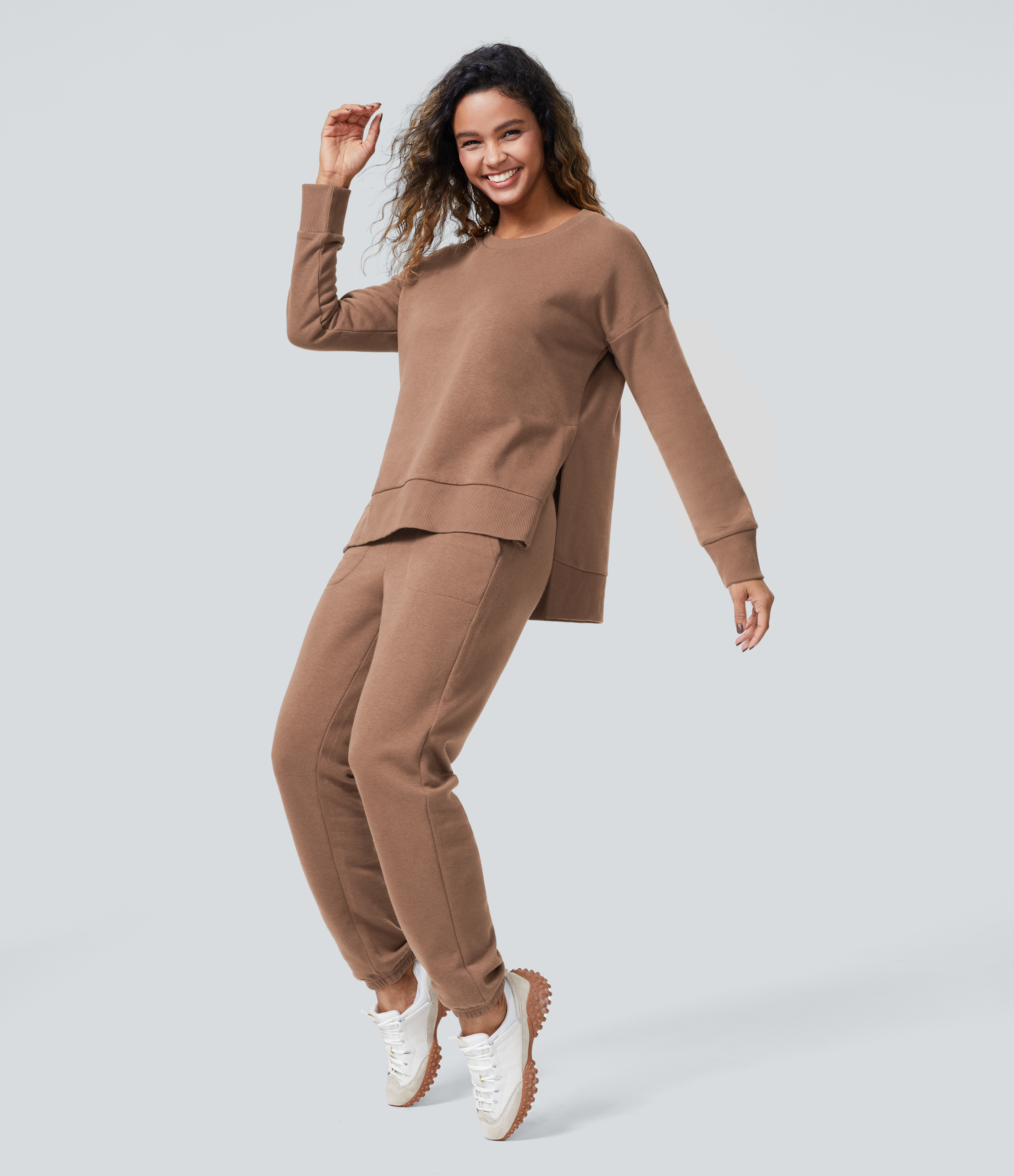 Halara Round Neck Long Sleeve Side Split Fleece Casual Sweatshirt  - Mocha Mousse - XL 