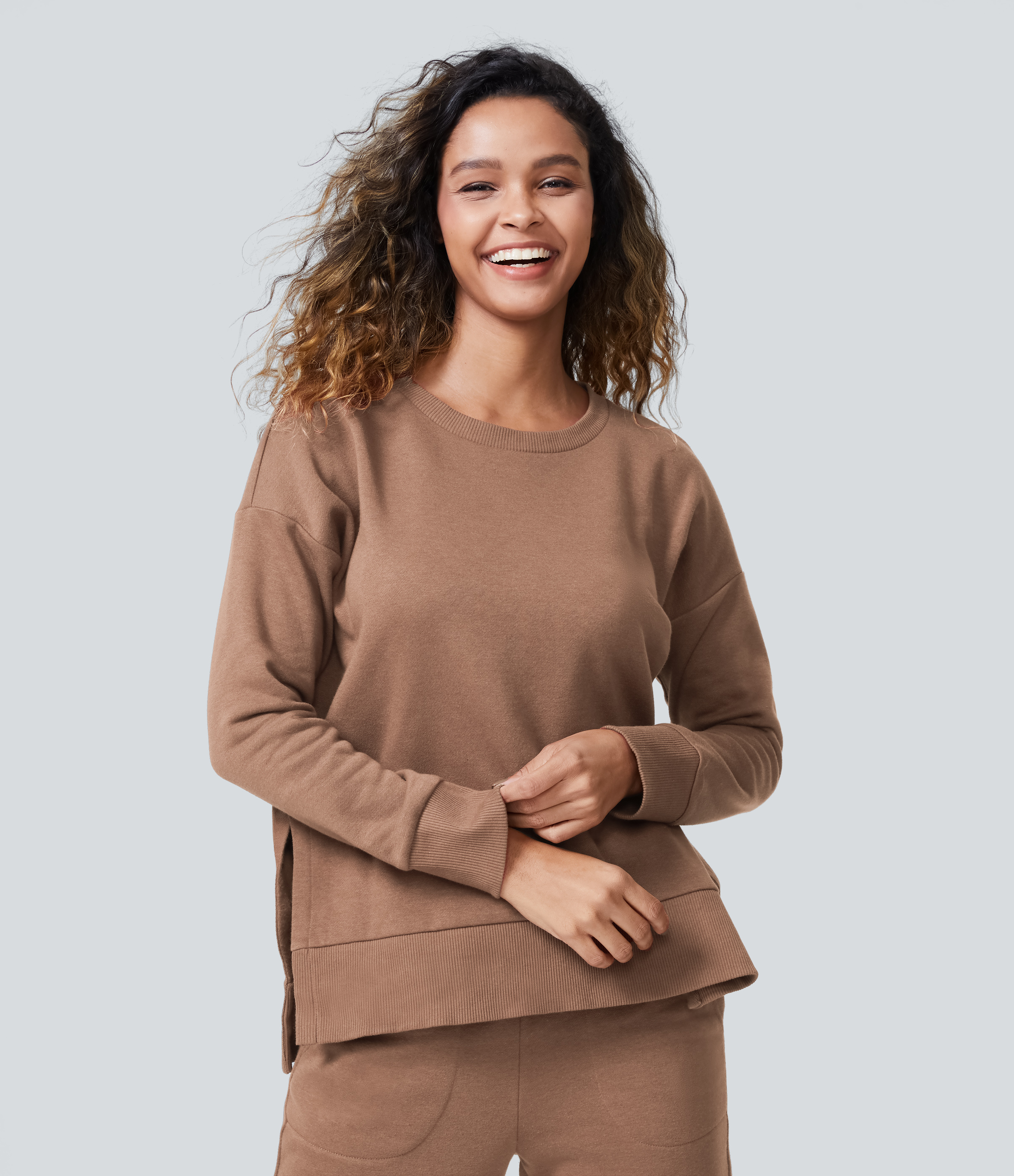 Halara Round Neck Long Sleeve Side Split Fleece Casual Sweatshirt  - Mocha Mousse - XL 