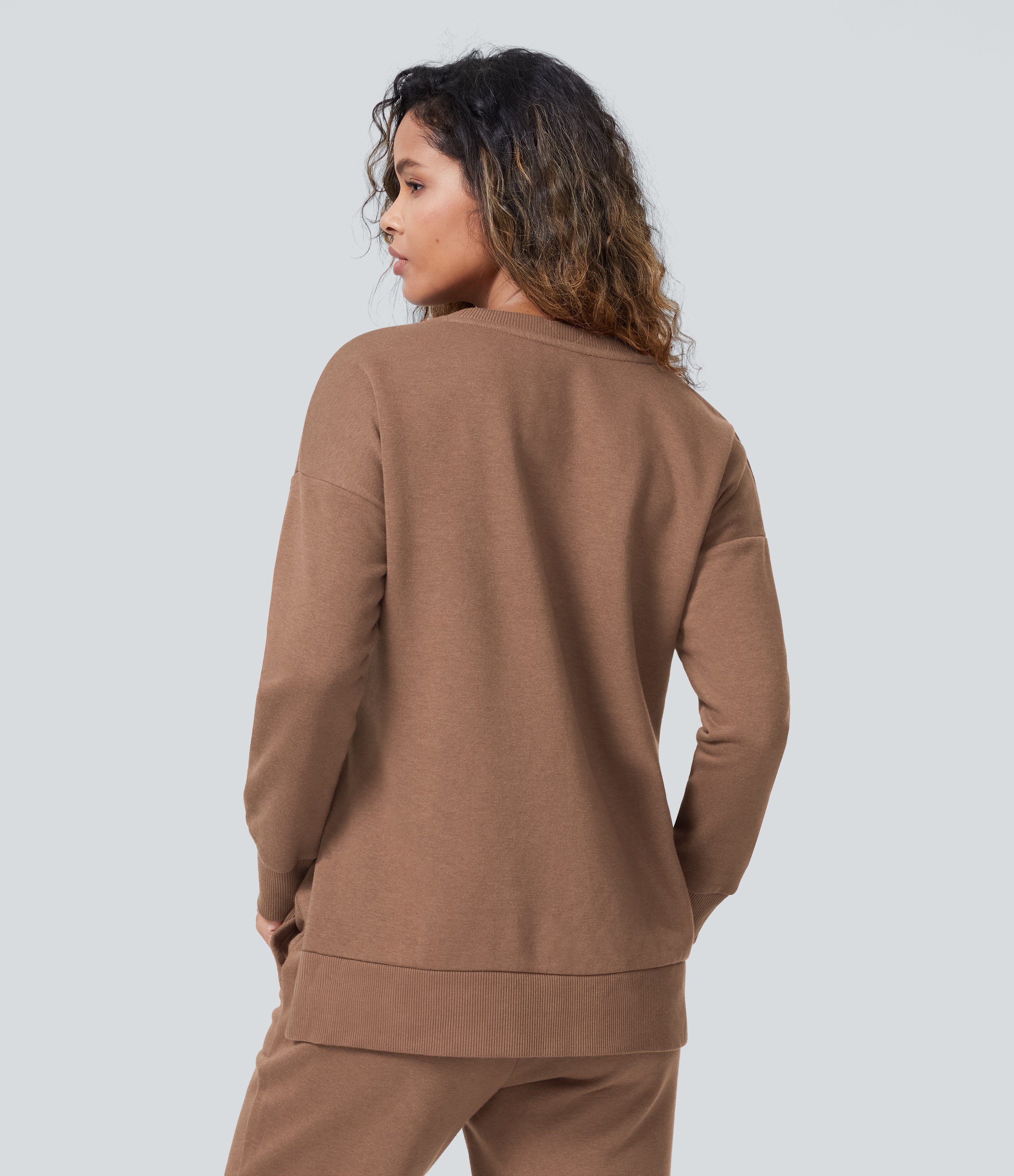 Halara Round Neck Long Sleeve Side Split Fleece Casual Sweatshirt  - Mocha Mousse - XL 