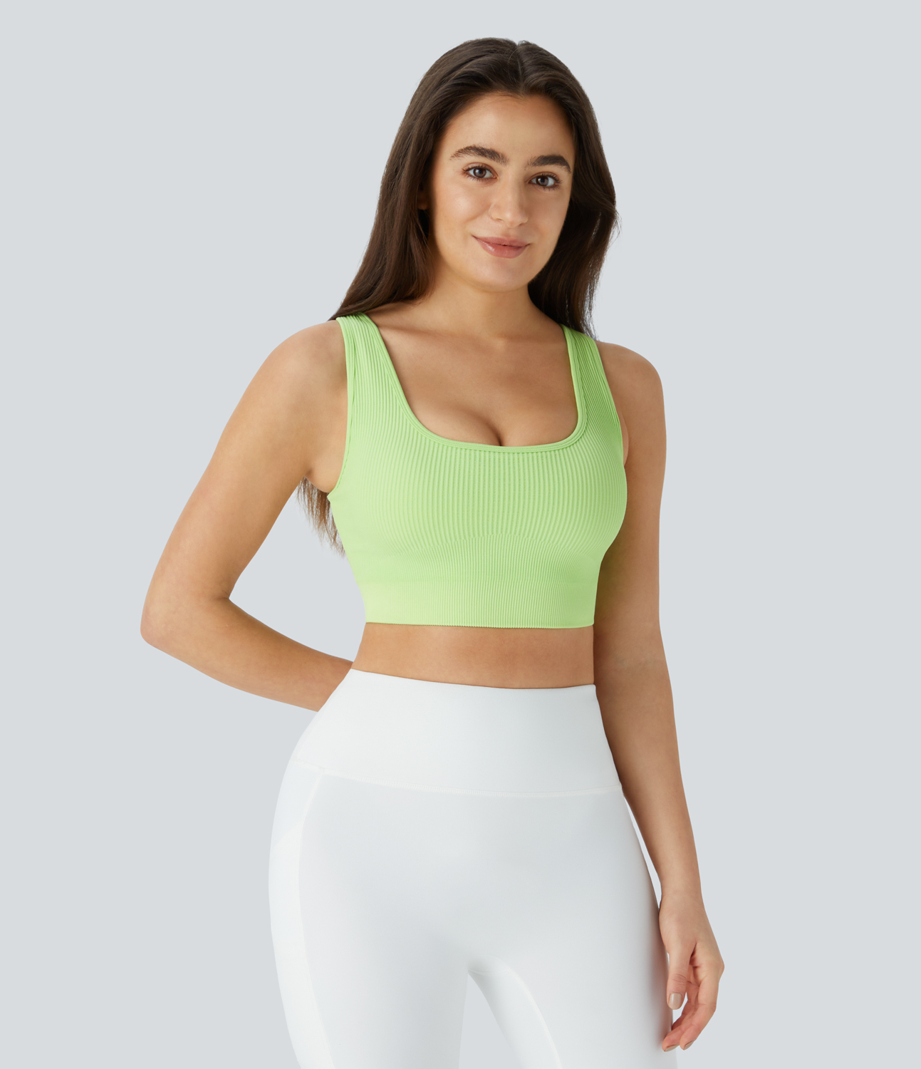 Halara Ribbed U Neck Backless Crisscross Lace Up Cropped Yoga Sports Top  - Onion Green - L 