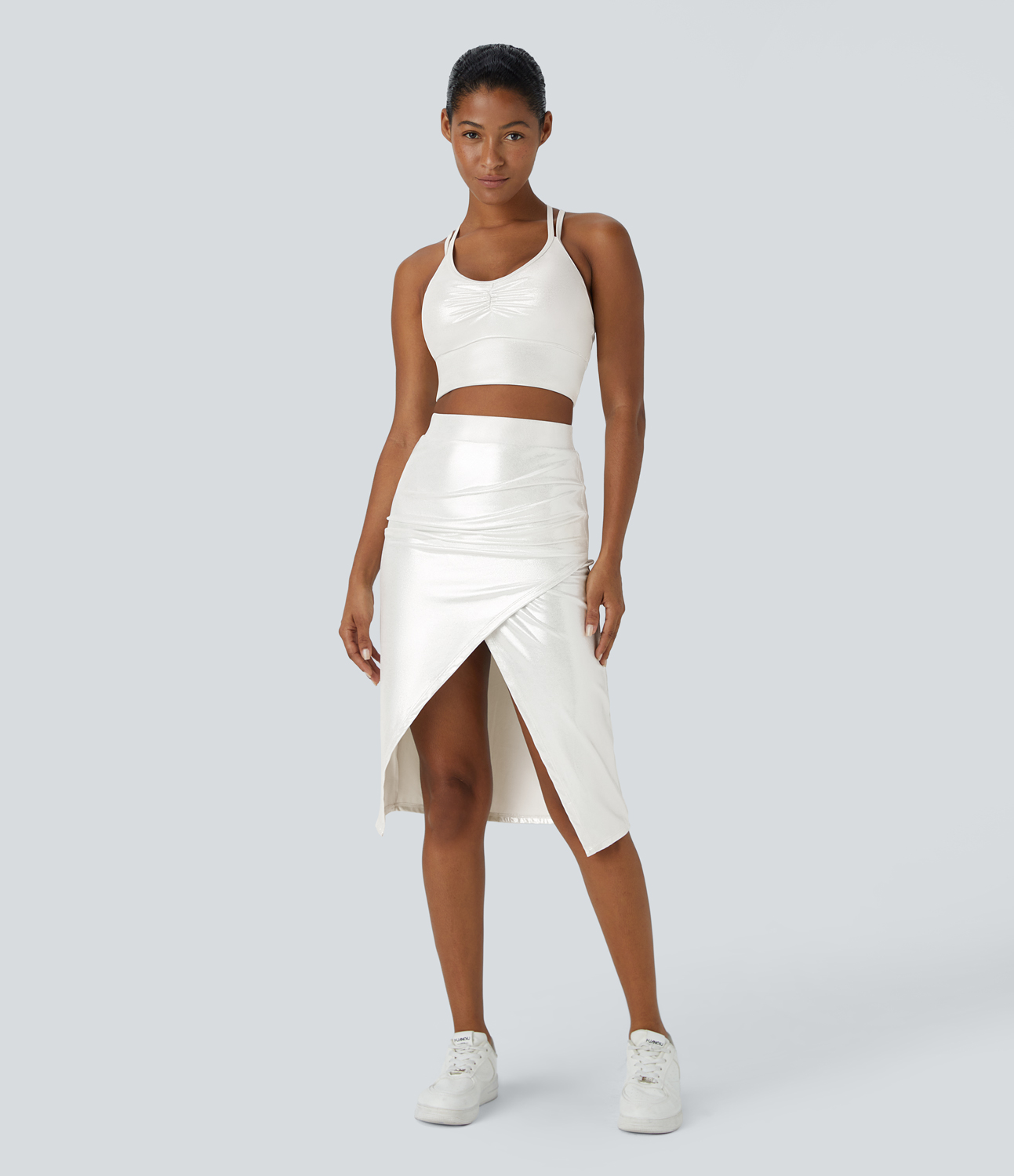 Halara Softlyzeroв„ў Faux Leather Ruched Split Hem Foil Print Stretchy Bodycon Midi Casual Skirt  - Bright Skin Floating White - XS 