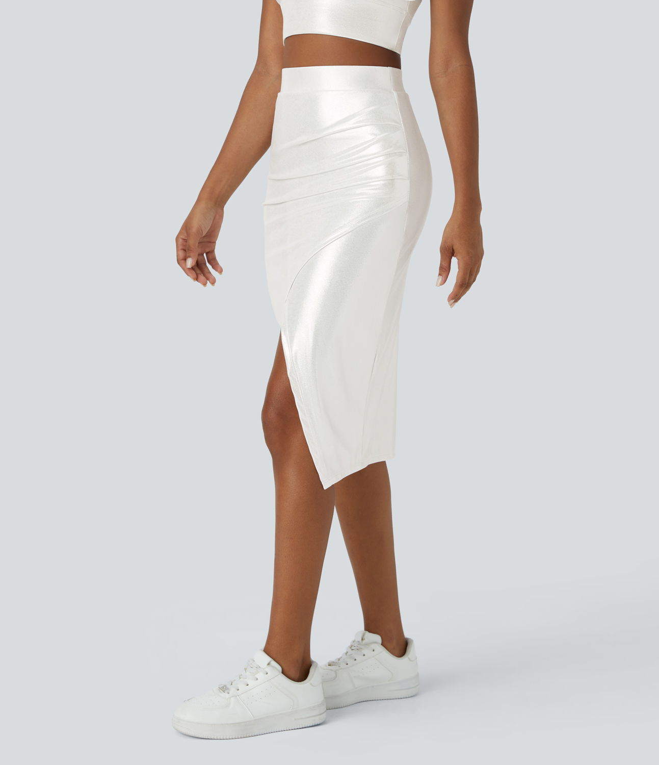Halara Softlyzeroв„ў Faux Leather Ruched Split Hem Foil Print Stretchy Bodycon Midi Casual Skirt  - Bright Skin Floating White - XS 