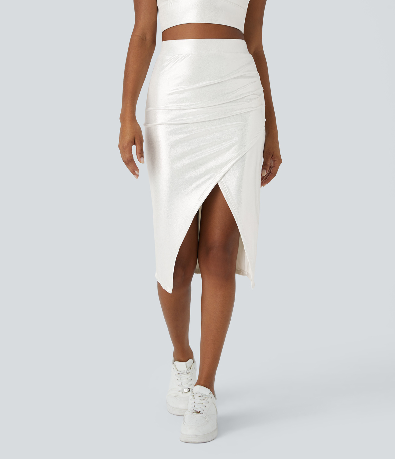 Halara Softlyzeroв„ў Faux Leather Ruched Split Hem Foil Print Stretchy Bodycon Midi Casual Skirt  - Bright Skin Floating White - XS 