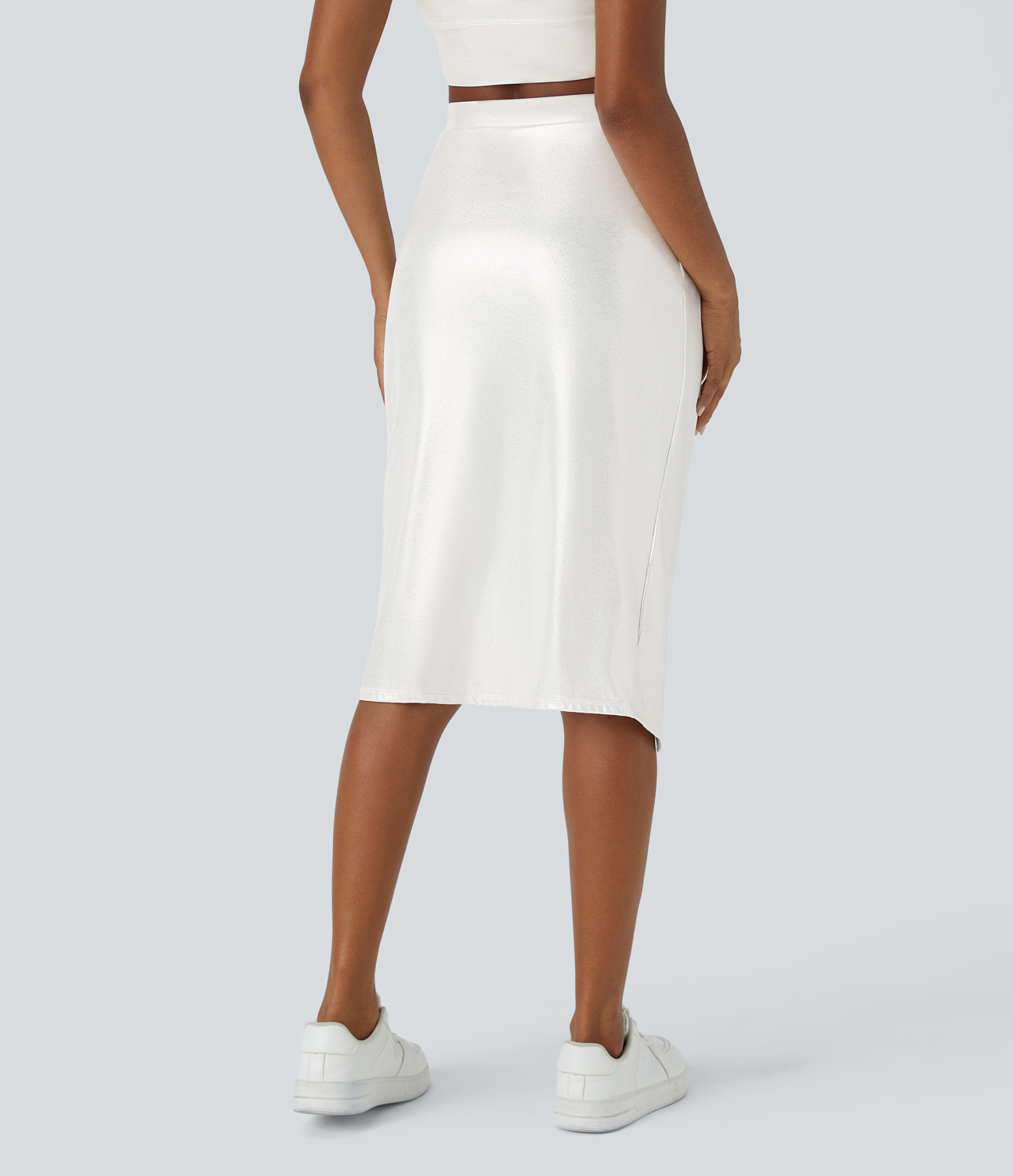 Halara Softlyzeroв„ў Faux Leather Ruched Split Hem Foil Print Stretchy Bodycon Midi Casual Skirt  - Bright Skin Floating White - XS 