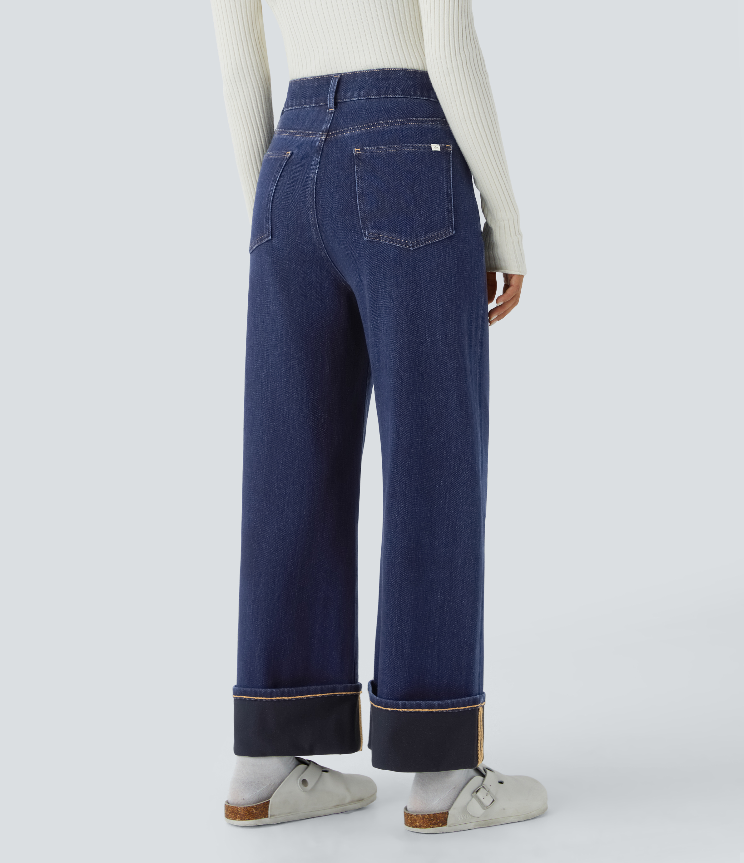 Deep Blue Twill Denim Jeans Halara Flex™ Denim elástico lavado espiga tiro alto múltiple bolsillo dobladillo enrollado pierna ancha / 2