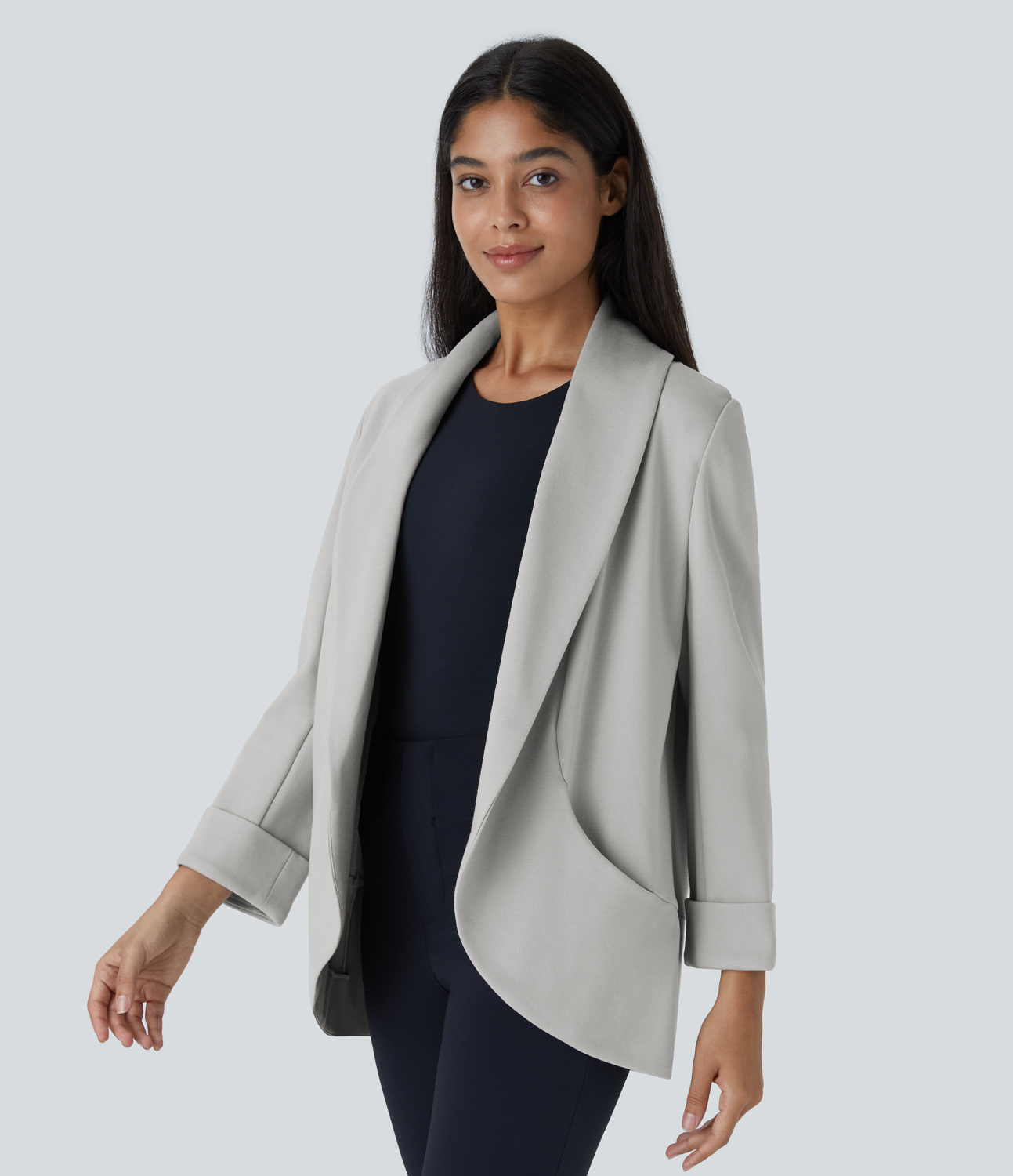 Halara Open Front Long Sleeve Side Pocket Work Blazer  - Earthy Gray - XL 