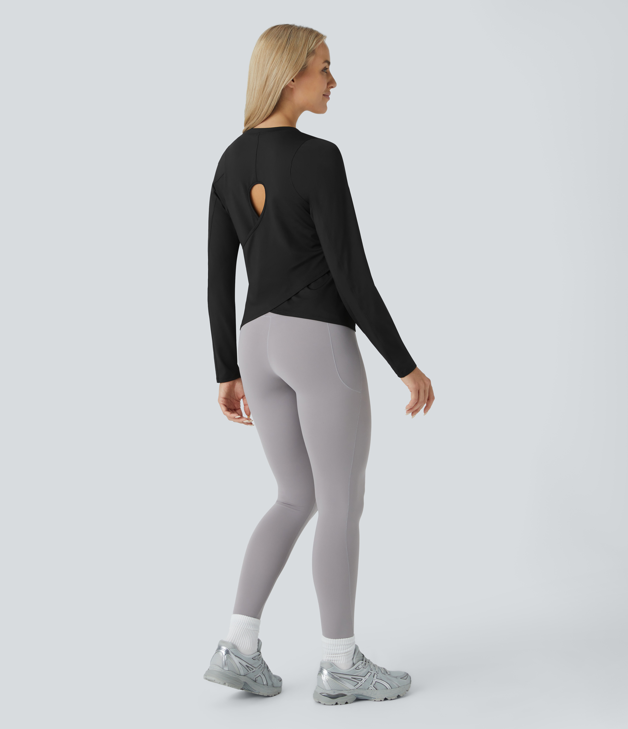 Halara Cut Out Crossover Hem Long Sleeve Yoga Sports Top  - Black - XL 