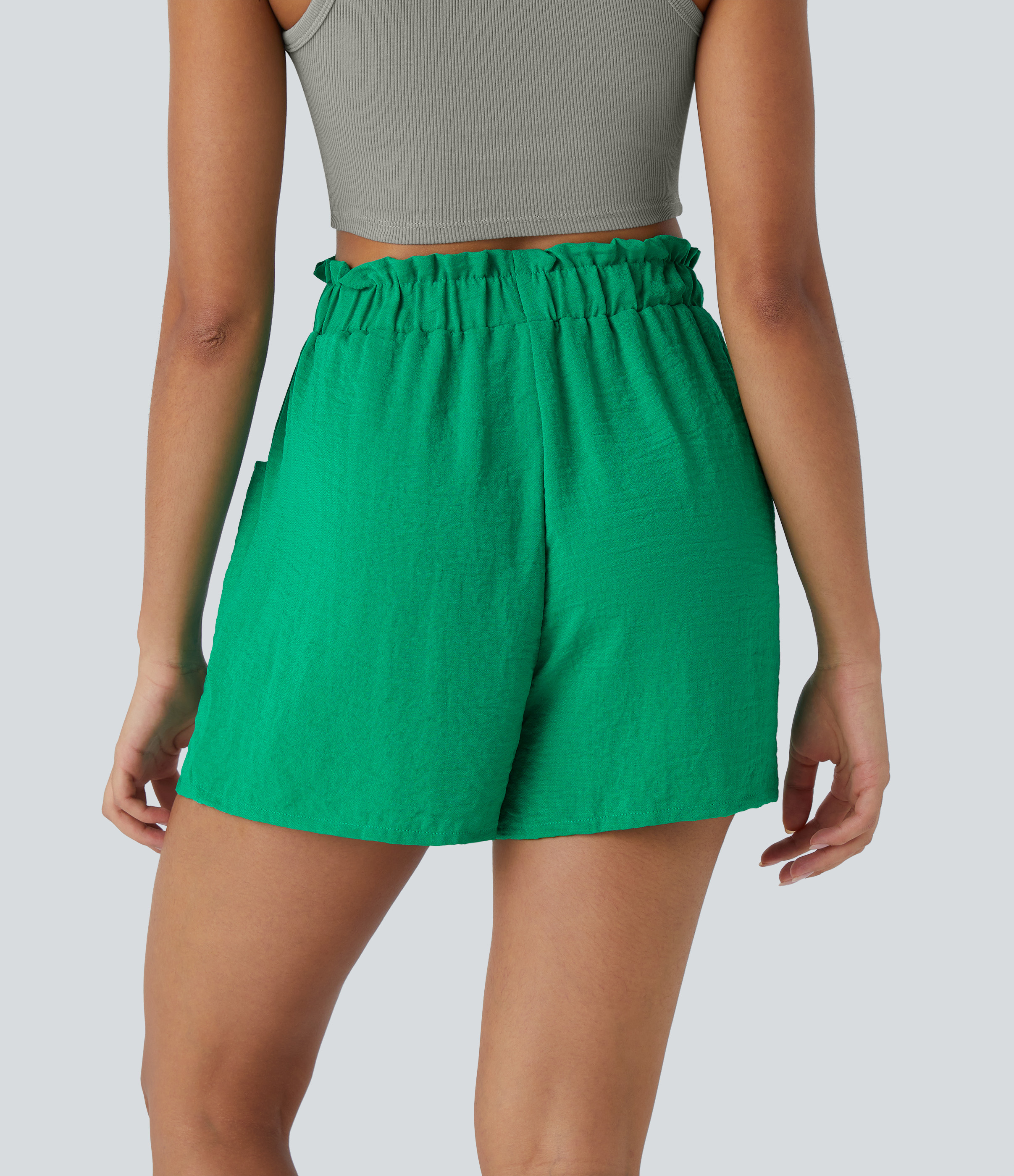 Halara Paper Bag High Waisted Drawstring Side Pocket Casual Linen-Feel Shorts  - Blarney - M 