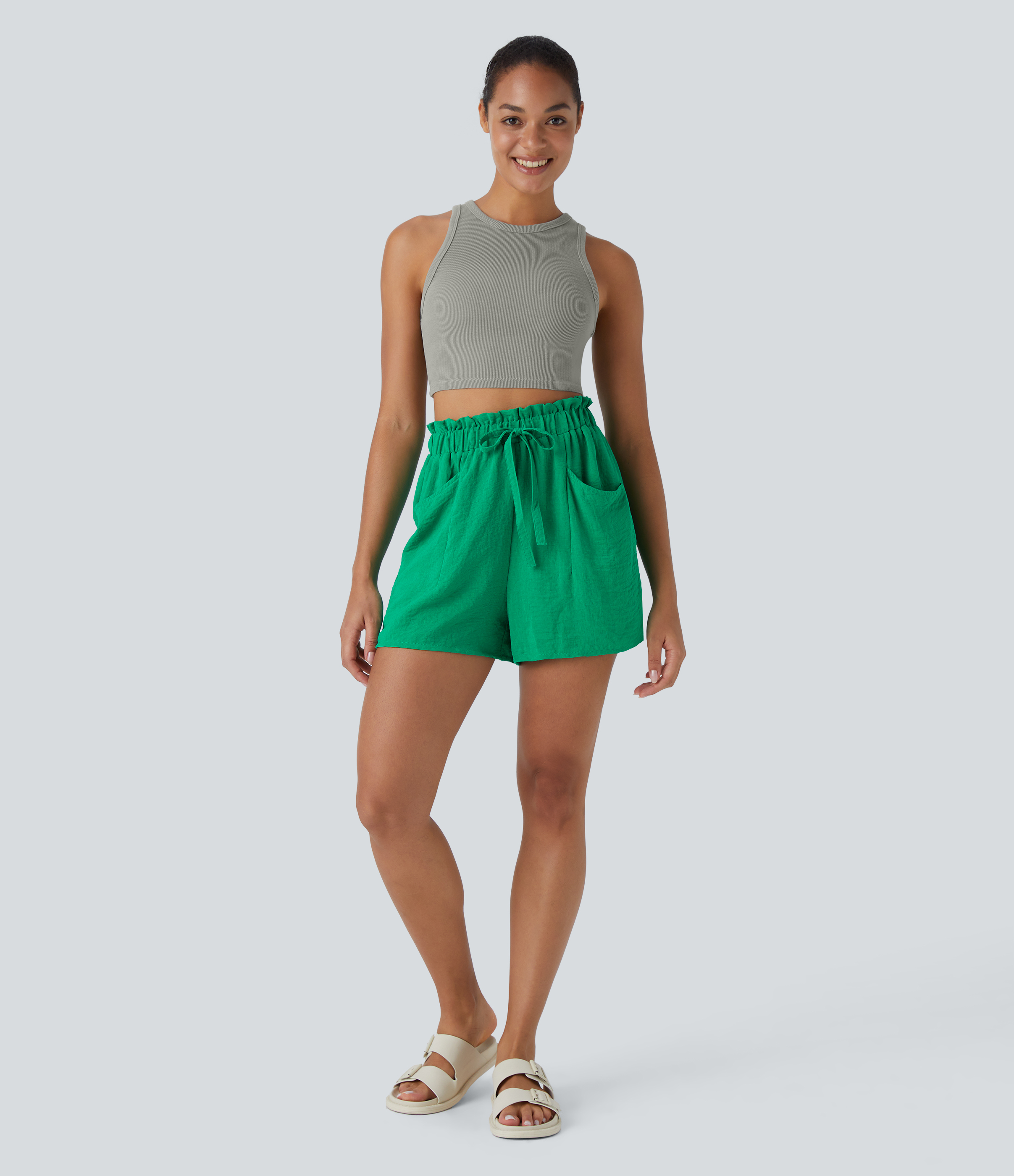 Halara Paper Bag High Waisted Drawstring Side Pocket Casual Linen-Feel Shorts  - Blarney - M 