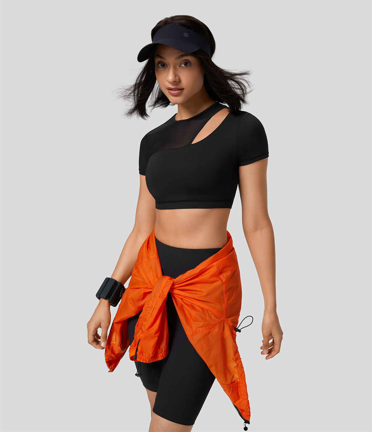 Halara Contrast Mesh Cut Out Short Sleeve Quick Dry Cropped Workout Sports Top  - Black - XS 