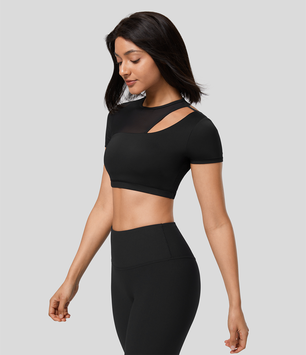 Halara Contrast Mesh Cut Out Short Sleeve Quick Dry Cropped Workout Sports Top  - Black - XS 