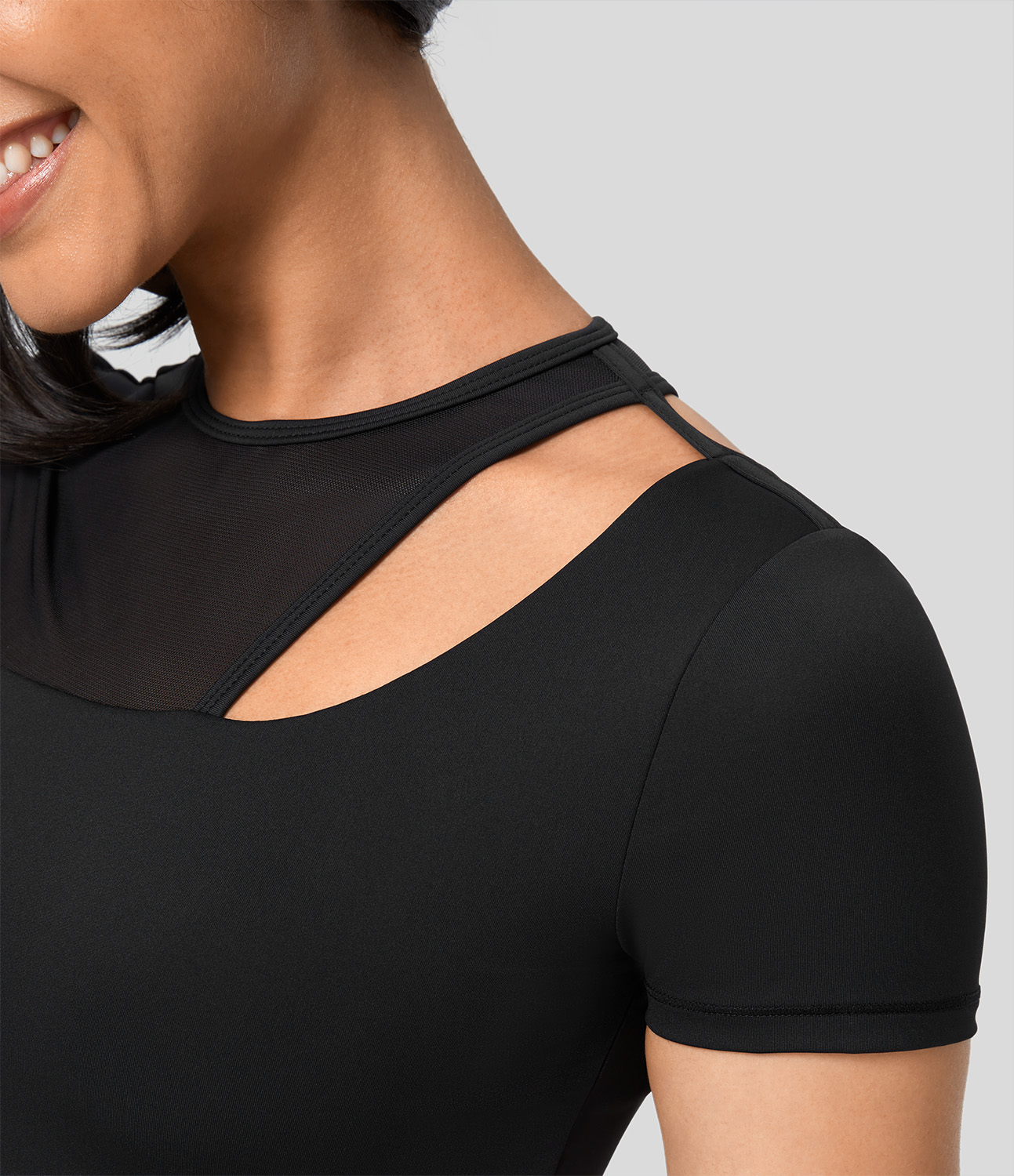 Halara Contrast Mesh Cut Out Short Sleeve Quick Dry Cropped Workout Sports Top  - Black - XS 
