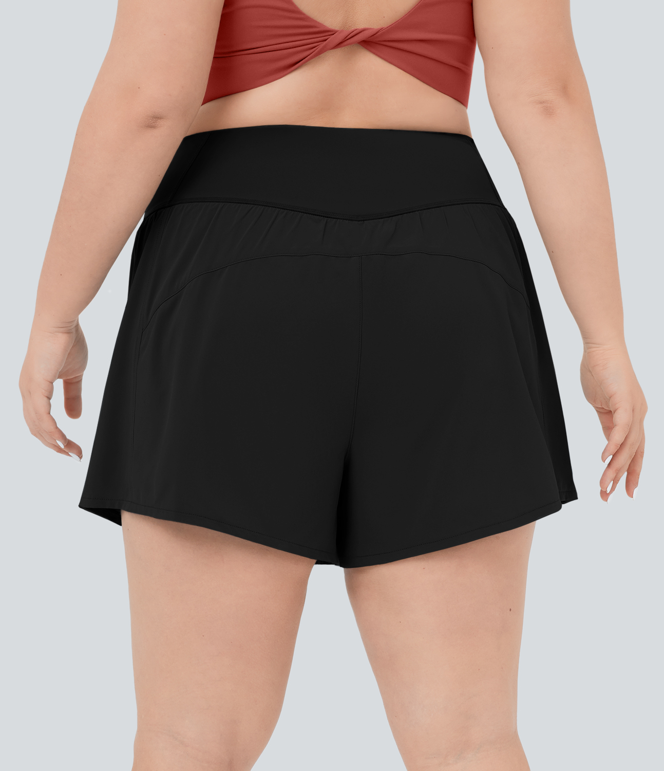 Black Breezeful™ High Waisted Crossover Pocket Plus Size 2-in-1 Quick Dry Yoga Shorts 4.5" / 2