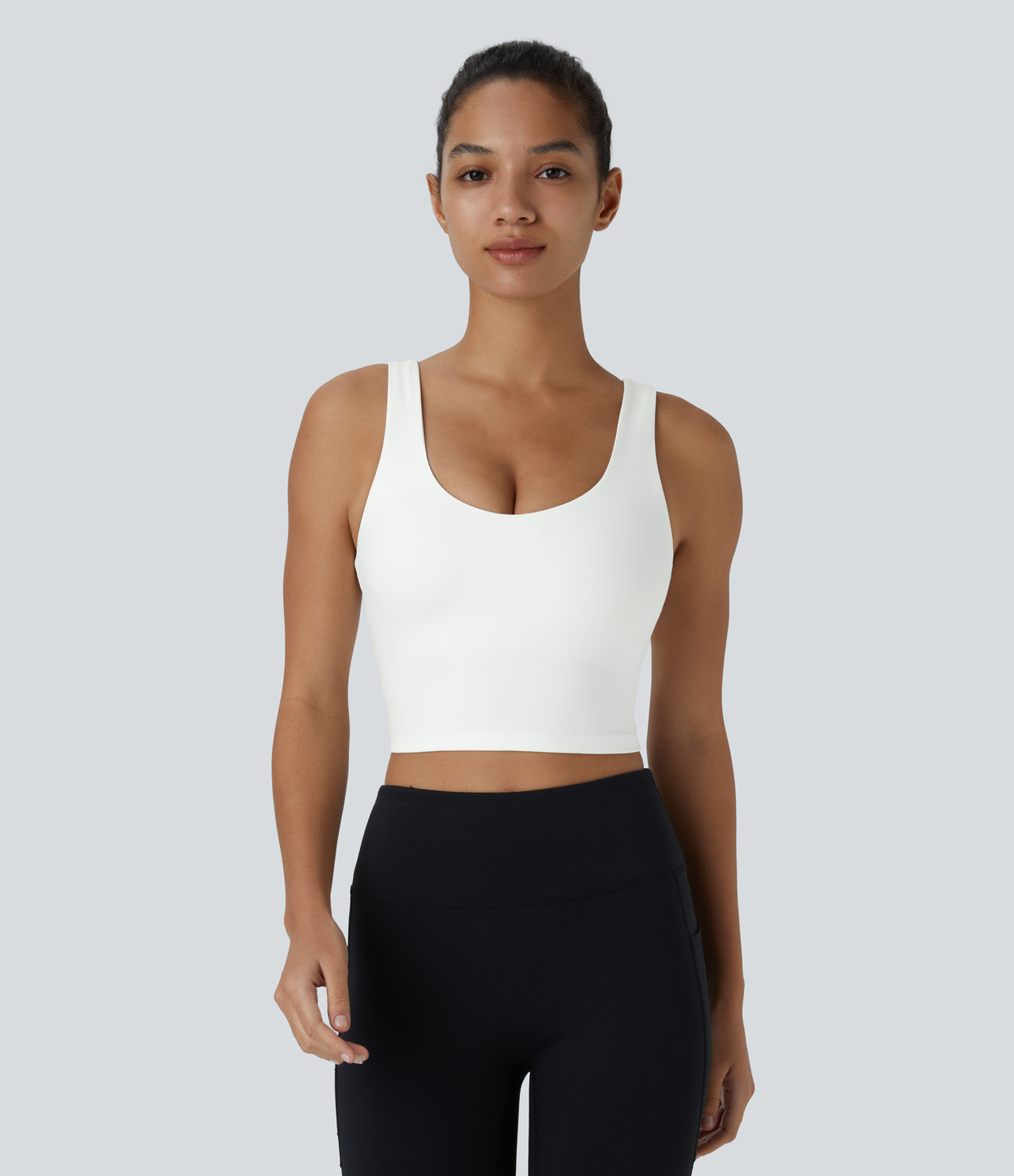 Halara V Back Crossover Workout Cropped Tank Top Tank Top - White - M golf tops halter top tunic tops sleeveless tops backless top 