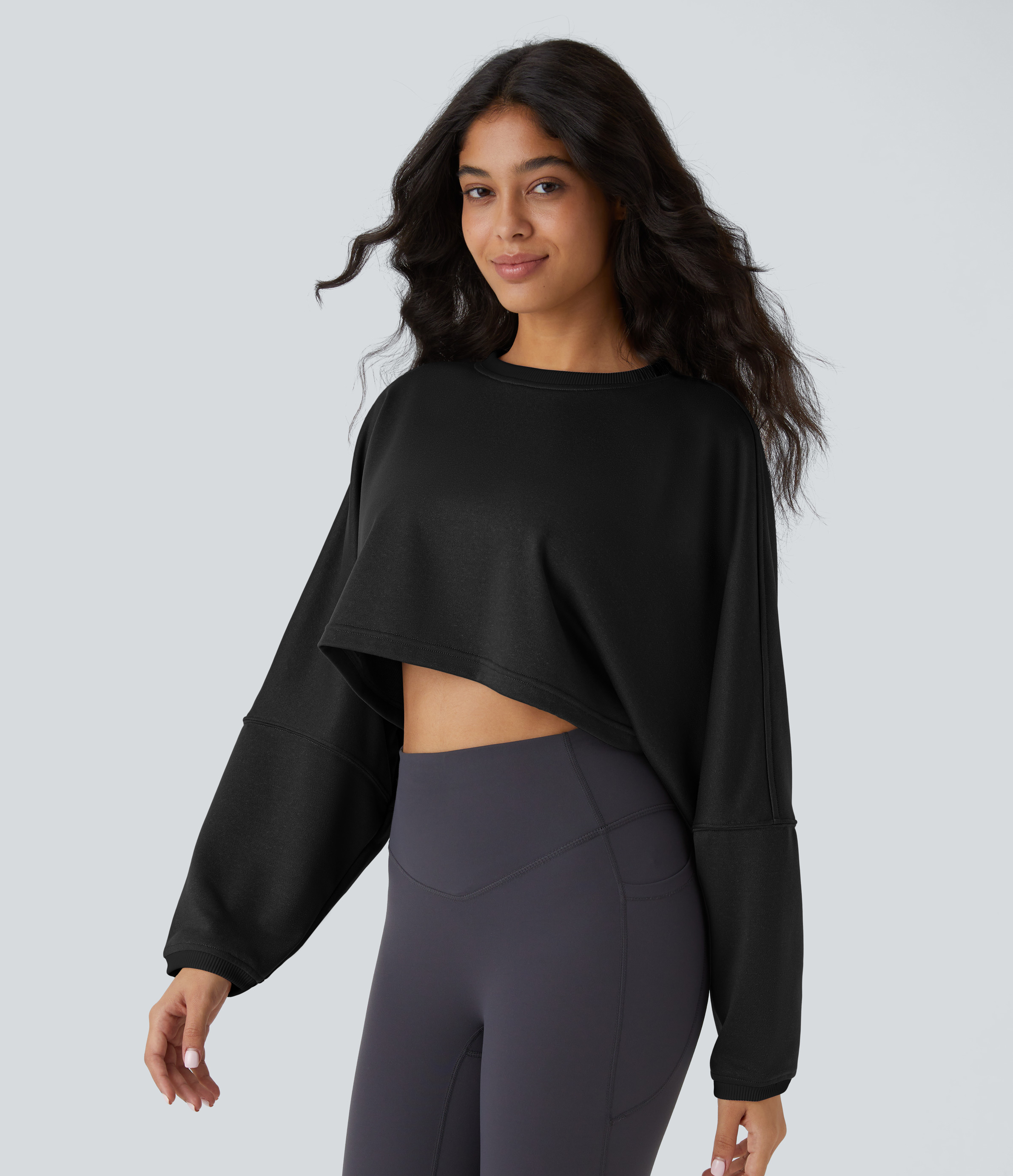 Halara Round Neck Batwing Sleeve Cropped Relaxed Casual Sweatshirt  - Black - L 
