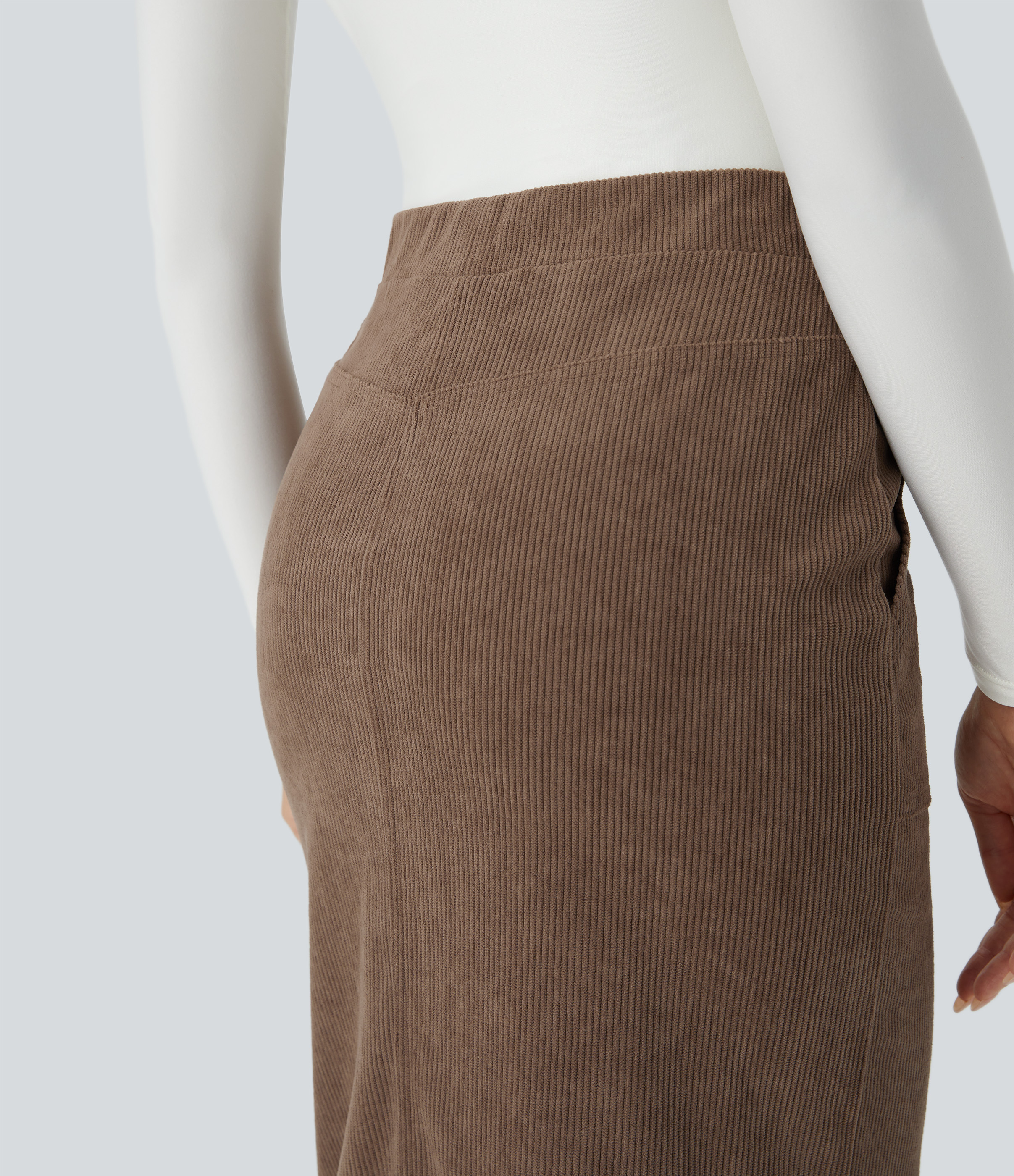Halara Mid Rise Side Pocket Split Midi Corduroy Casual Skirt  - Acorn - S(regular) 
