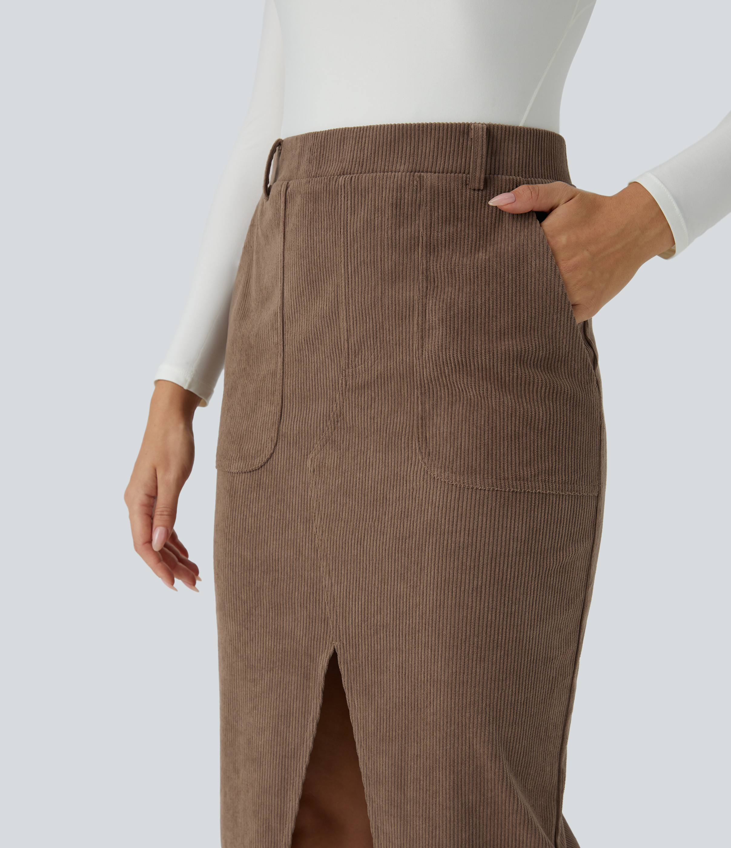 Halara Mid Rise Side Pocket Split Midi Corduroy Casual Skirt  - Acorn - S(regular) 