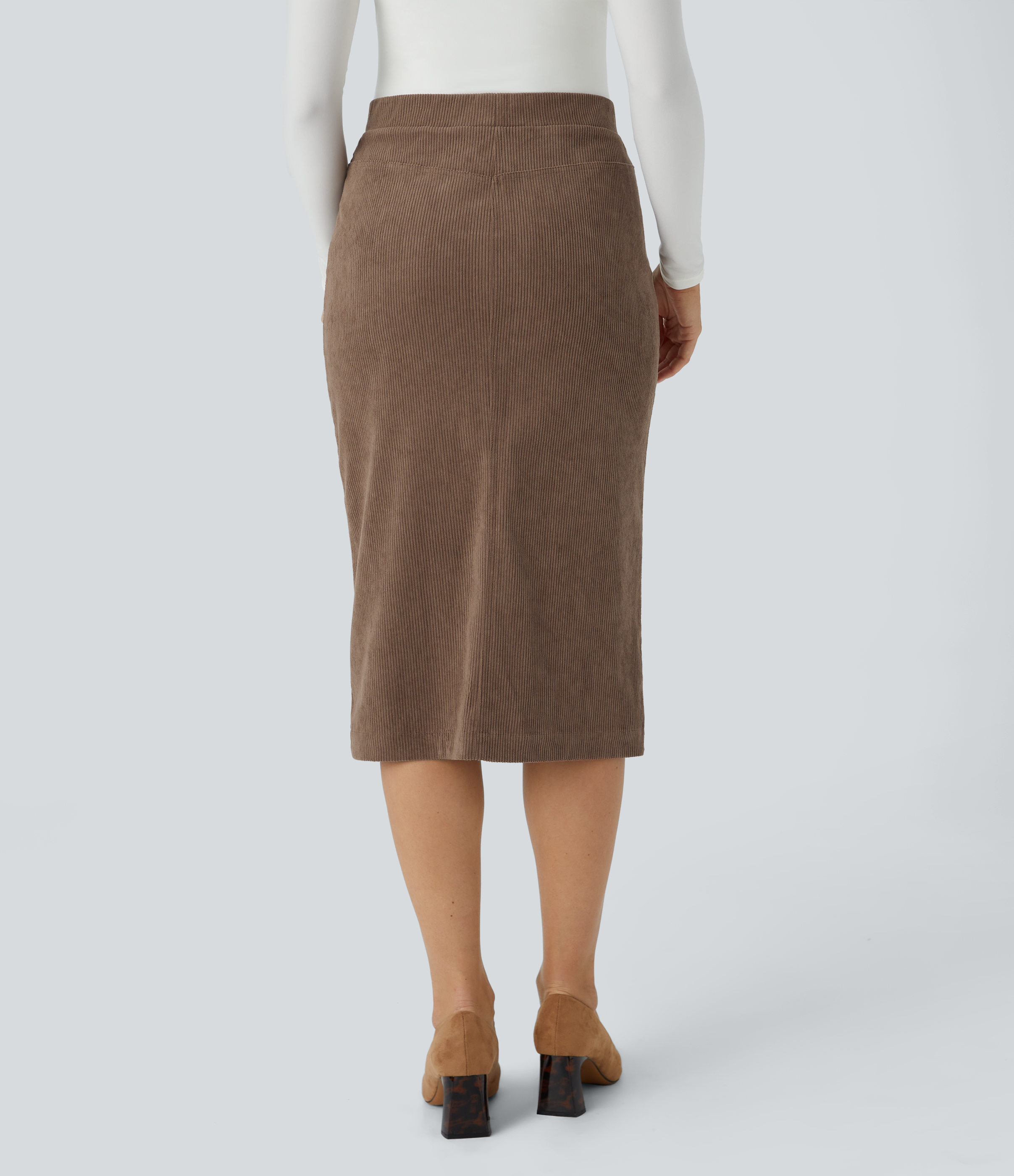 Halara Mid Rise Side Pocket Split Midi Corduroy Casual Skirt  - Acorn - S(regular) 