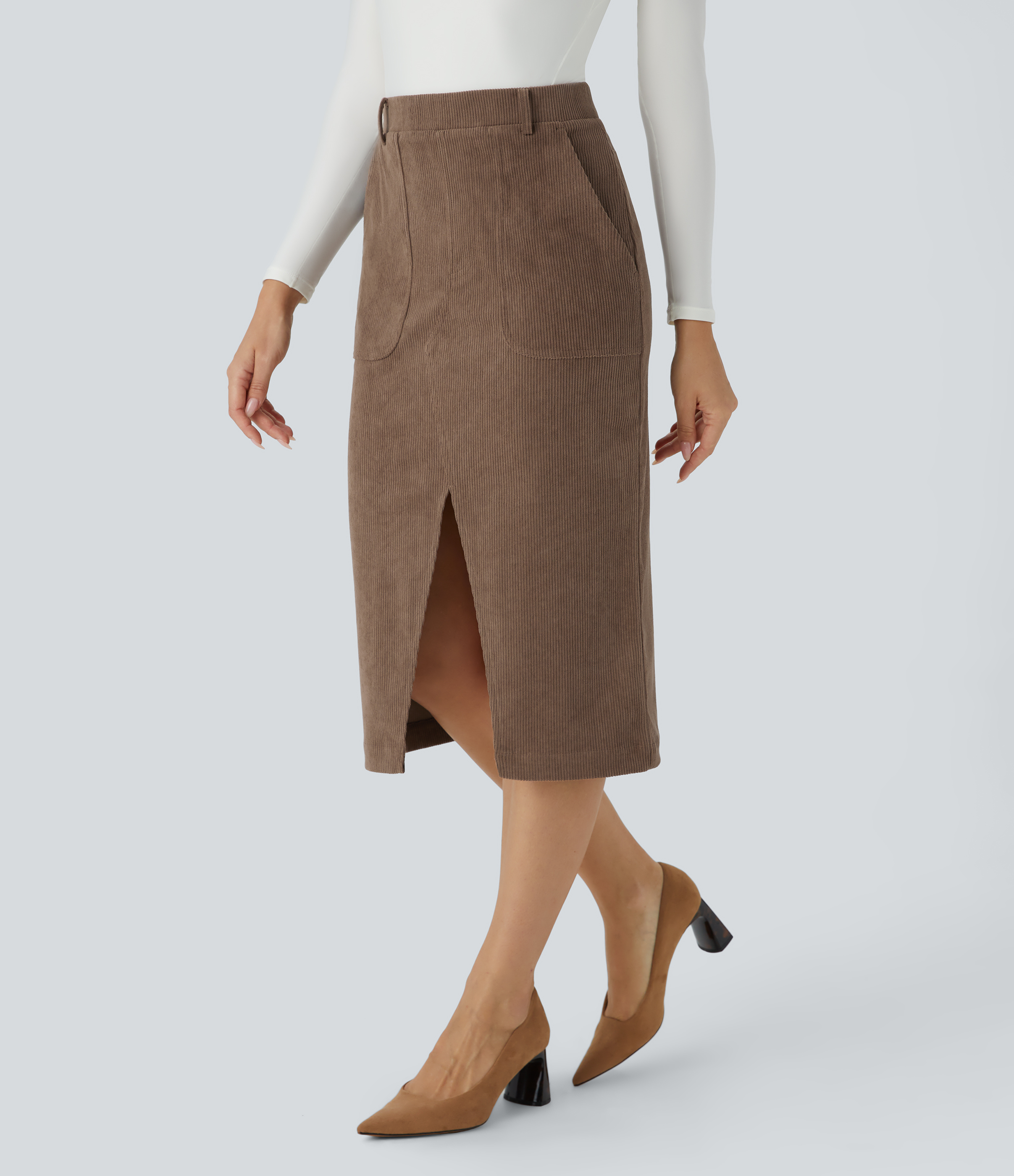 Halara Mid Rise Side Pocket Split Midi Corduroy Casual Skirt  - Acorn - S(regular) 