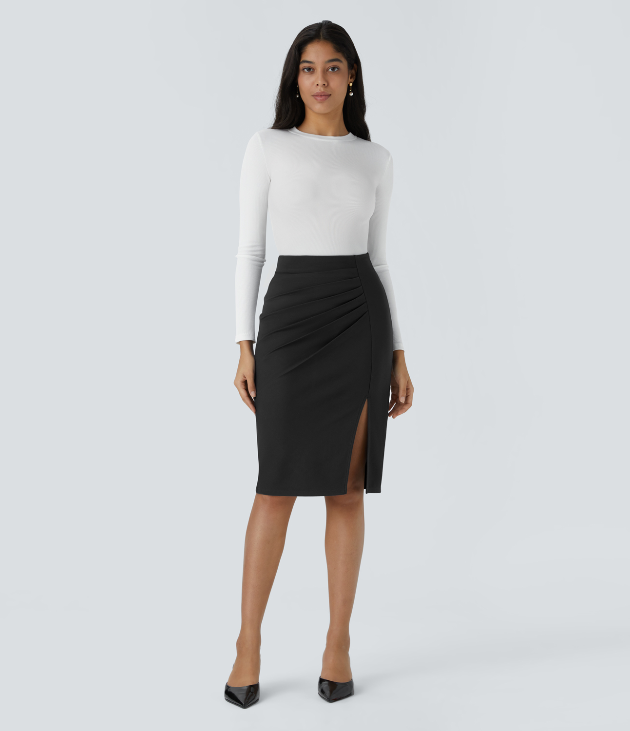 Halara High Waisted Ruched Split Hem Slim Midi Work Skirt  - Black - XS(regular) 