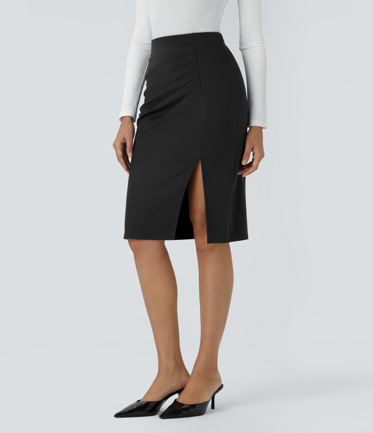 Halara High Waisted Ruched Split Hem Slim Midi Work Skirt  - Black - XS(regular) 