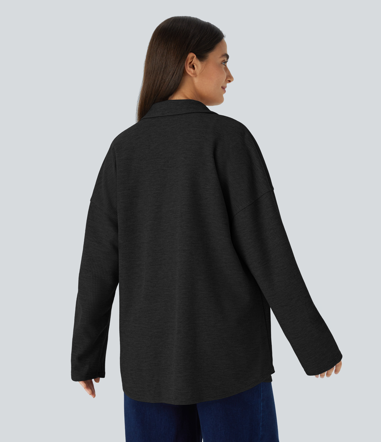 Halara Collared Button Long Sleeve Chest Pocket Waffle Casual Shirt Jacket  - Black - XS 