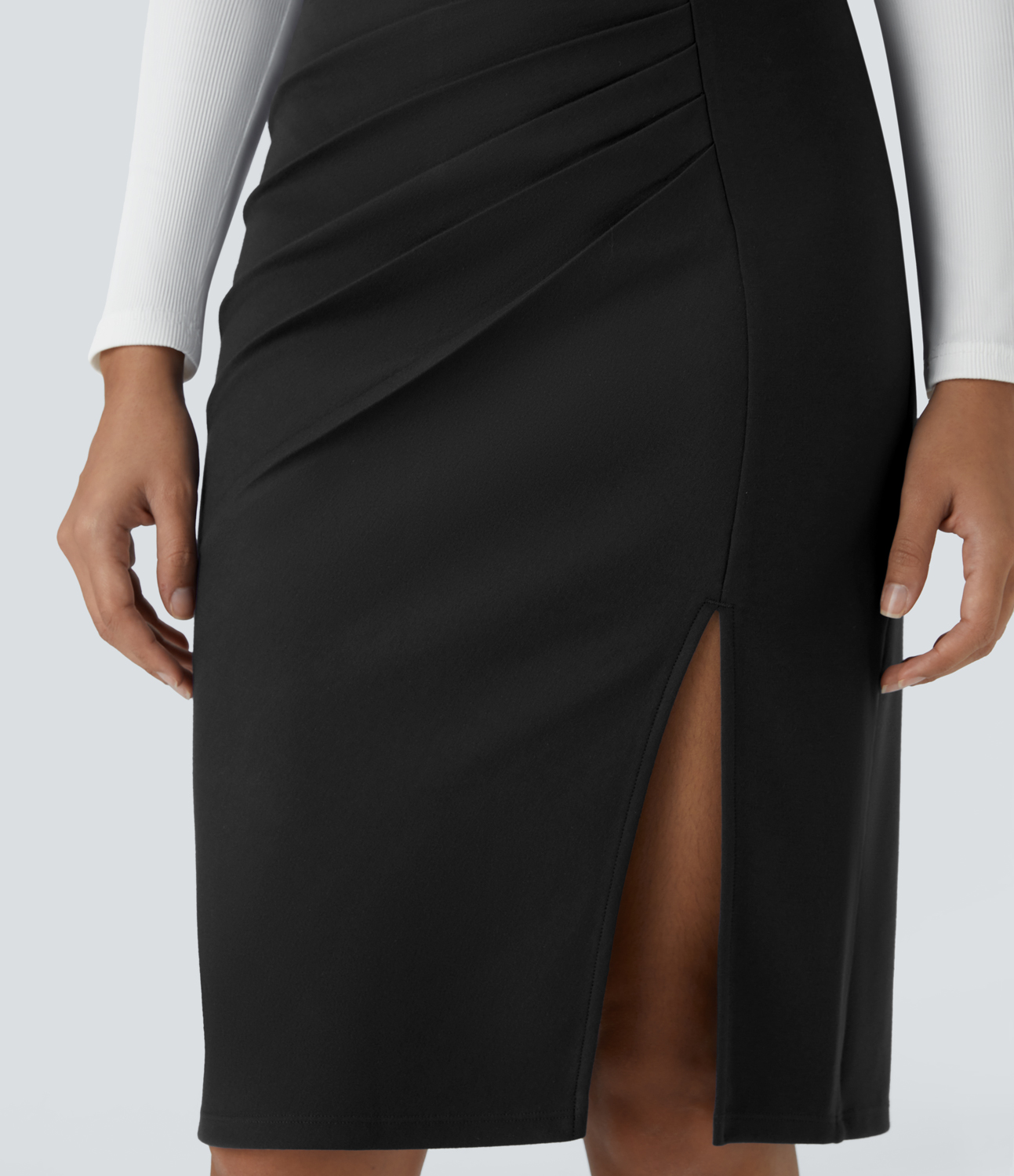 Halara High Waisted Ruched Split Hem Slim Midi Work Skirt  - Black - XS(regular) 