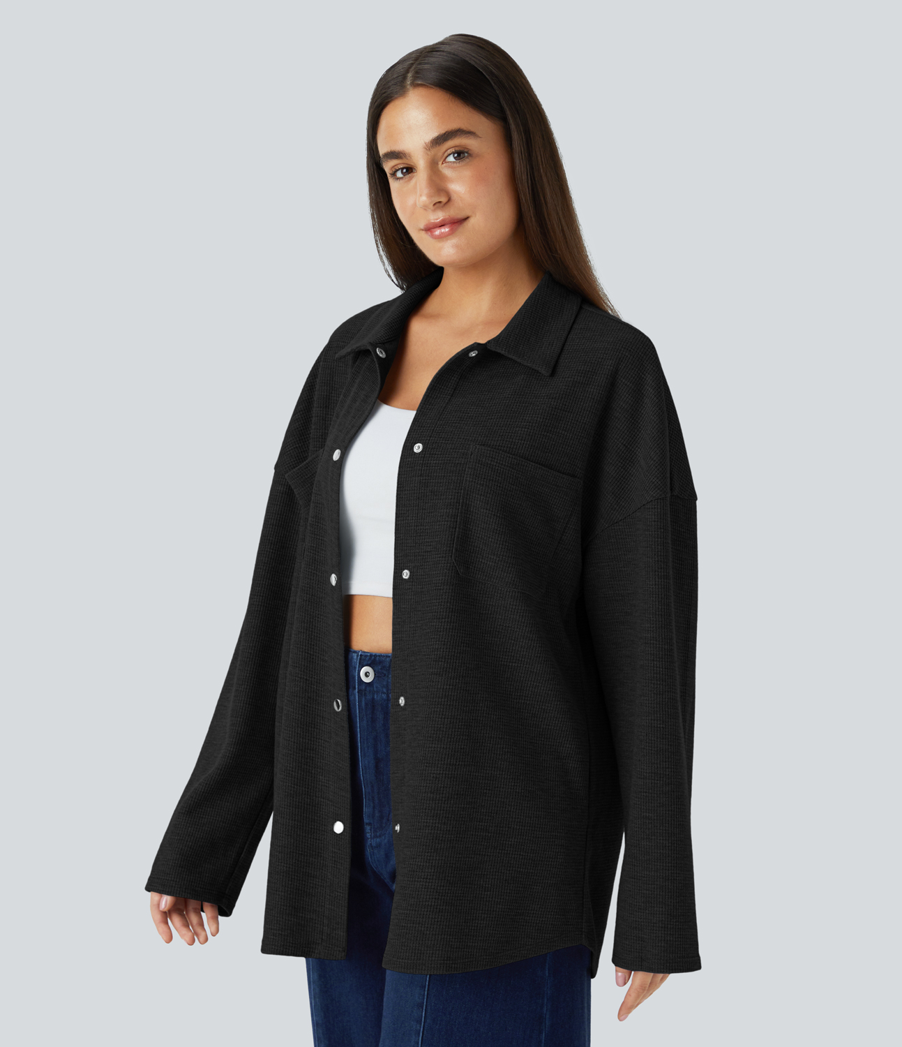 Halara Collared Button Long Sleeve Chest Pocket Waffle Casual Shirt Jacket  - Black - XS 