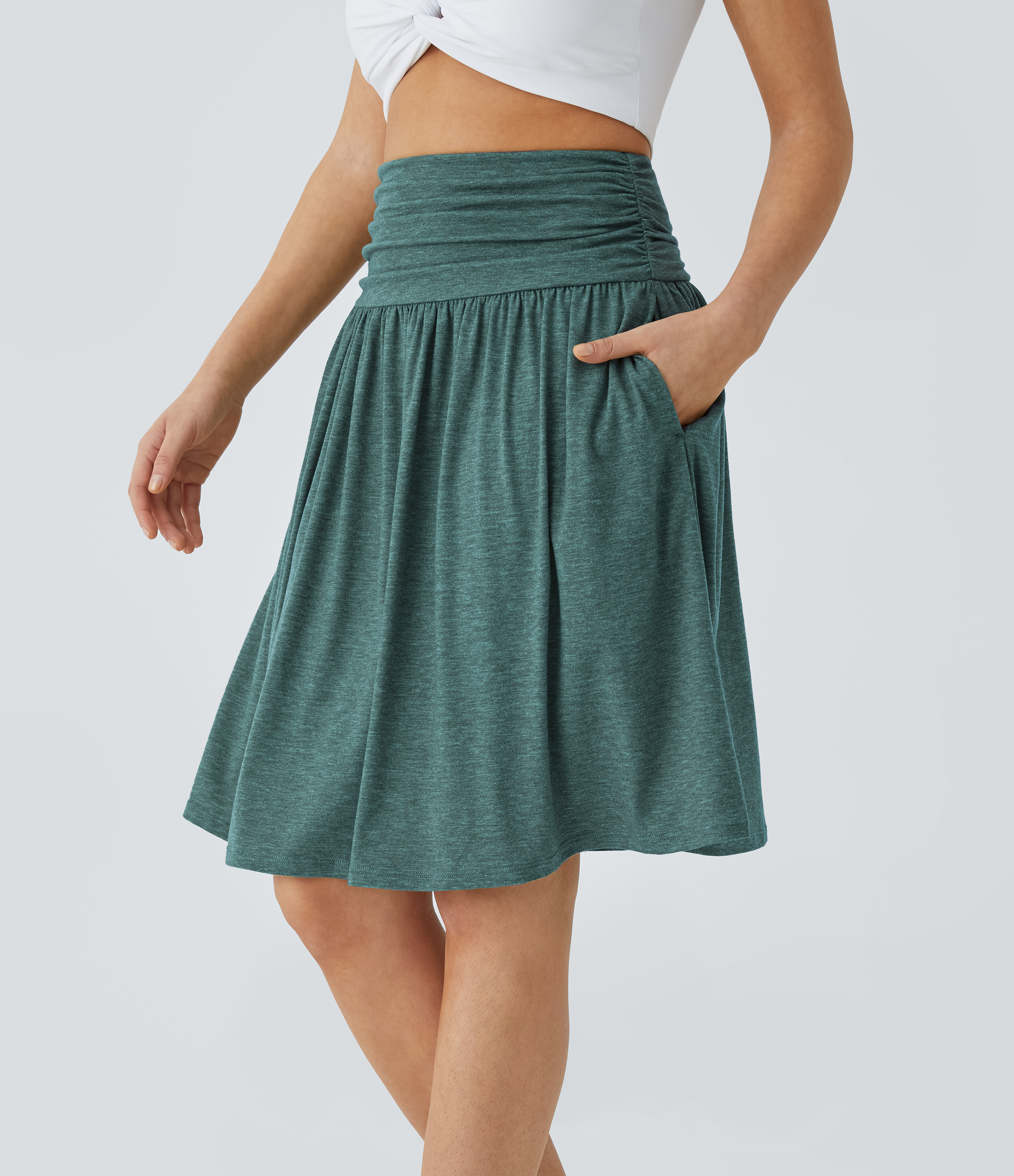 Halara High Waisted Ruched Side Pocket Flowy Resort Skirt  - Jade Green Floral Yarn - XS(regular) 